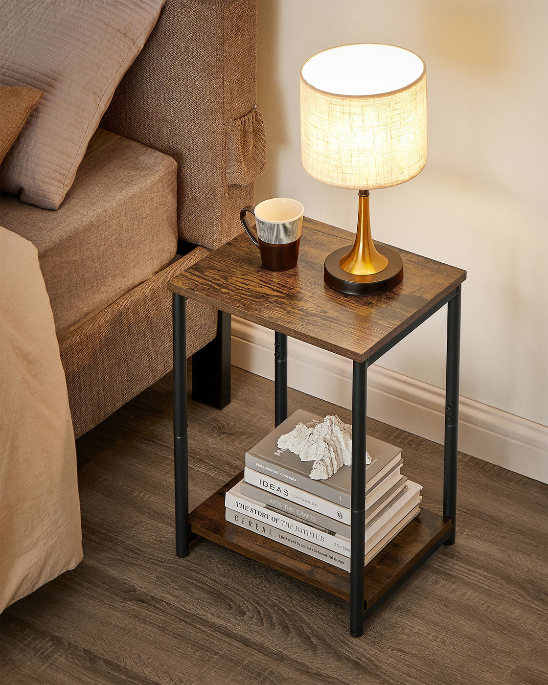 Industrial Side Table - Steel Frame - Rustic Brown - Multi-Use with Storage Shelf