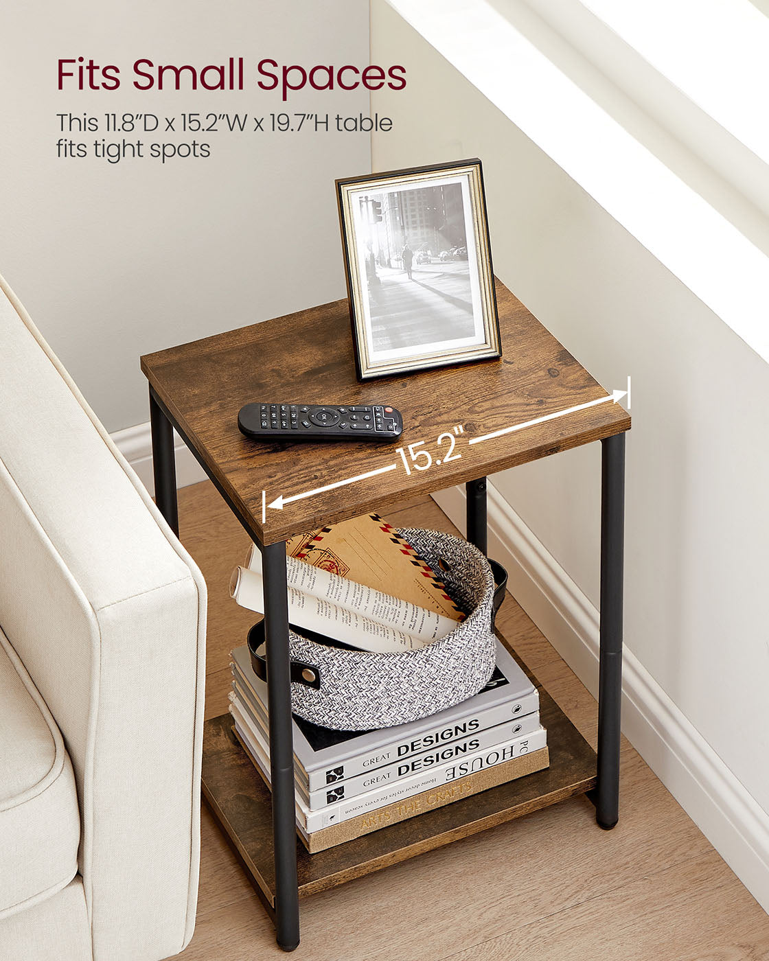 Industrial Side Table - Steel Frame - Rustic Brown - Multi-Use with Storage Shelf
