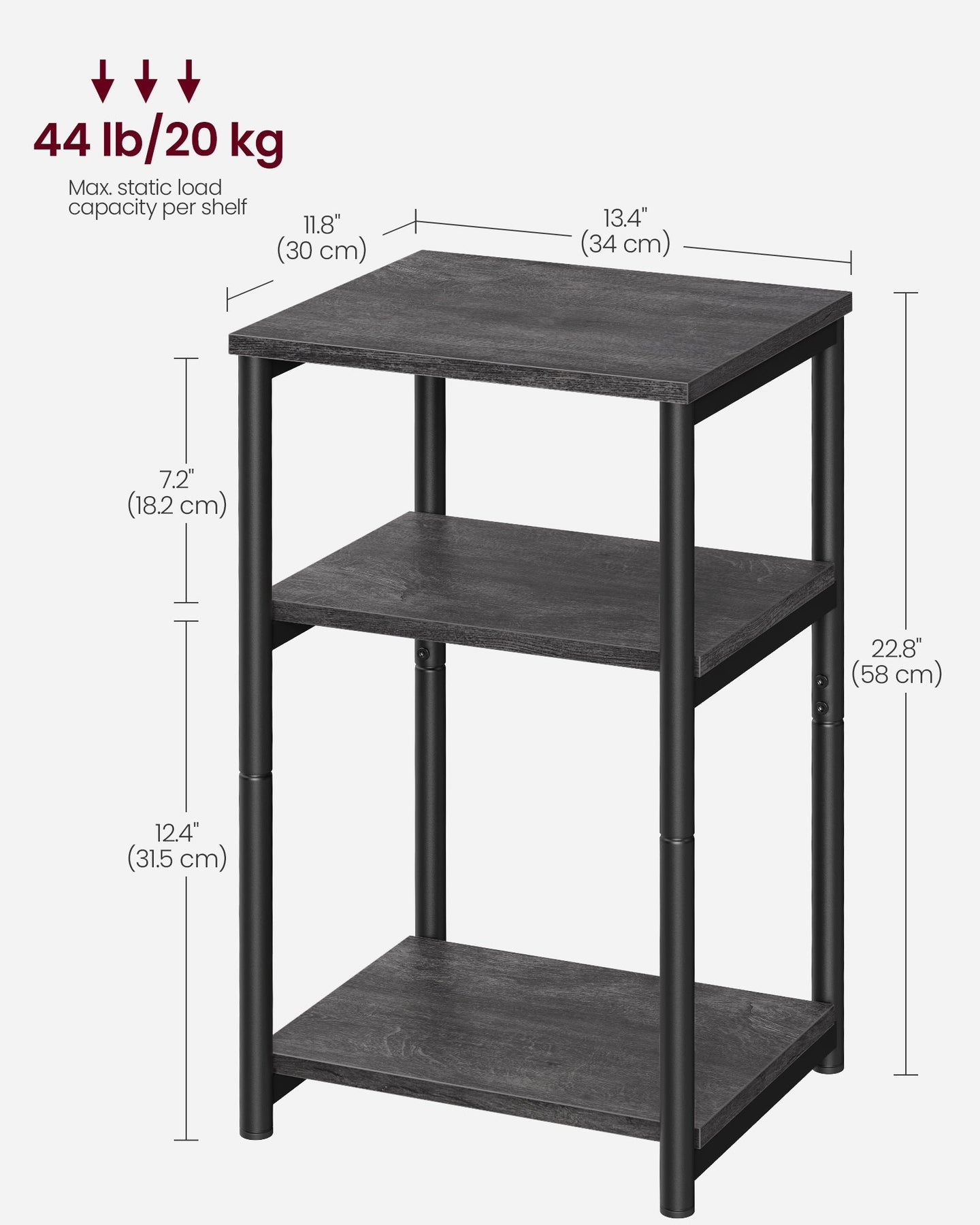 3-Tier Side Table - Steel Frame - Misty Grey and Ink Black