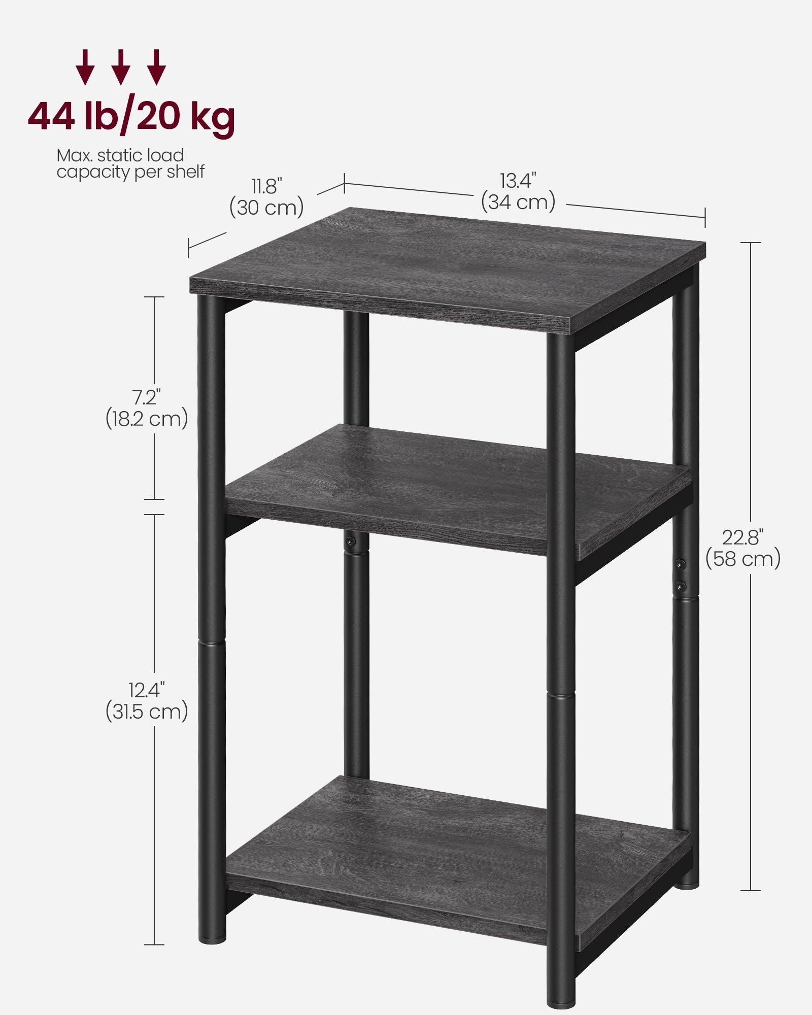 3-Tier Side Table - Steel Frame - Misty Grey and Ink Black