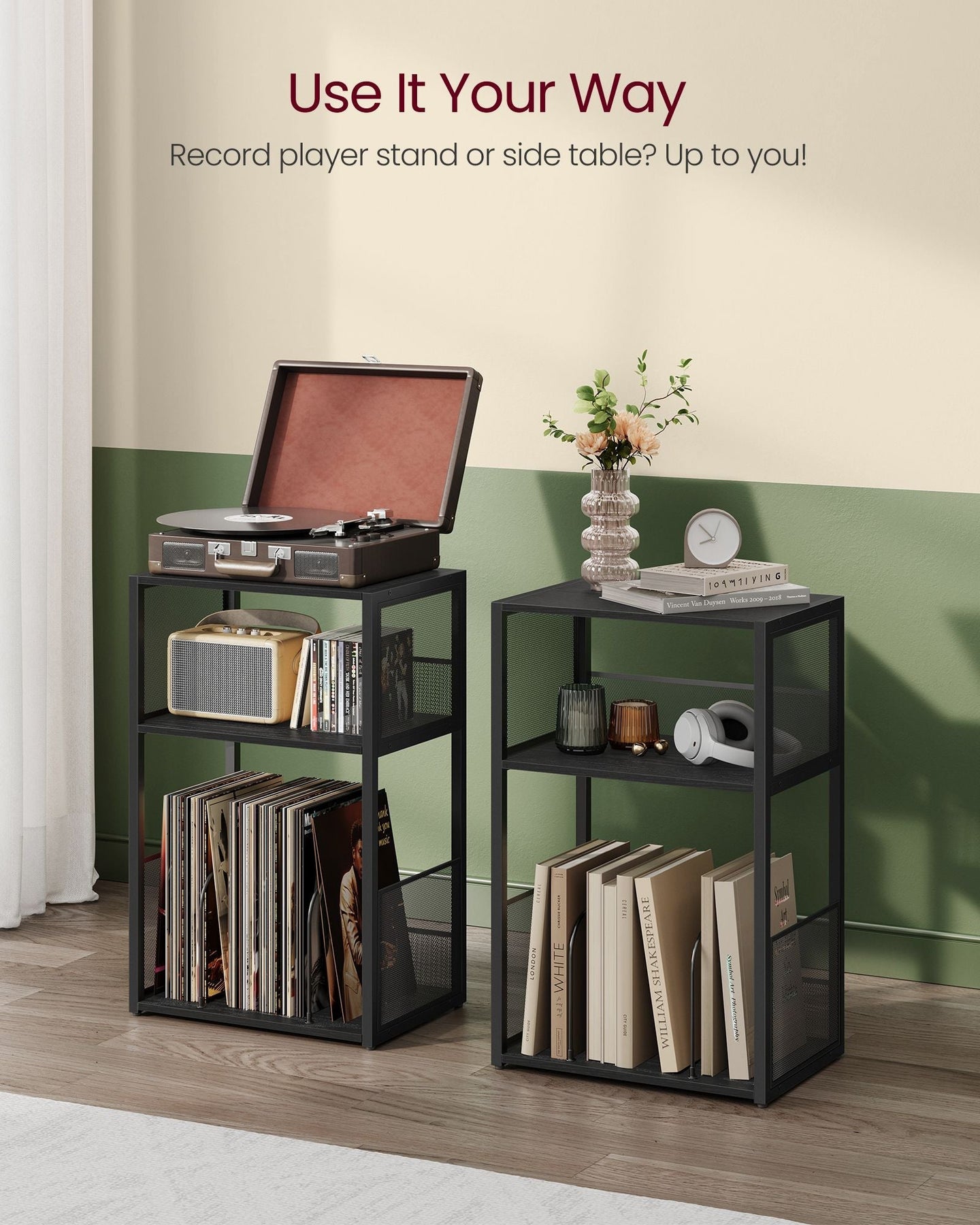 Record Player Stand - Wood - Ebony Black - 3-Tier Vinyl Record Storage for Up to 100 Albums