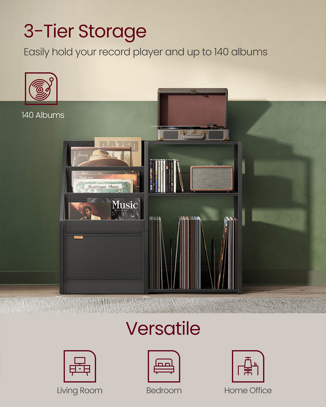Record Player Stand - Wood - Rustic Brown - Vinyl Storage for Up to 140 Albums