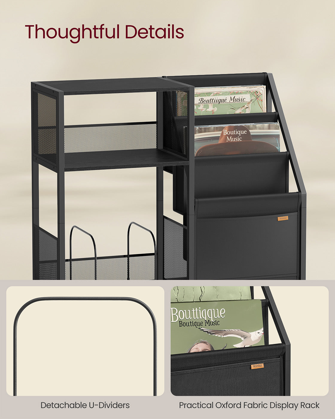 Record Player Stand - Wood - Rustic Brown - Vinyl Storage for Up to 140 Albums