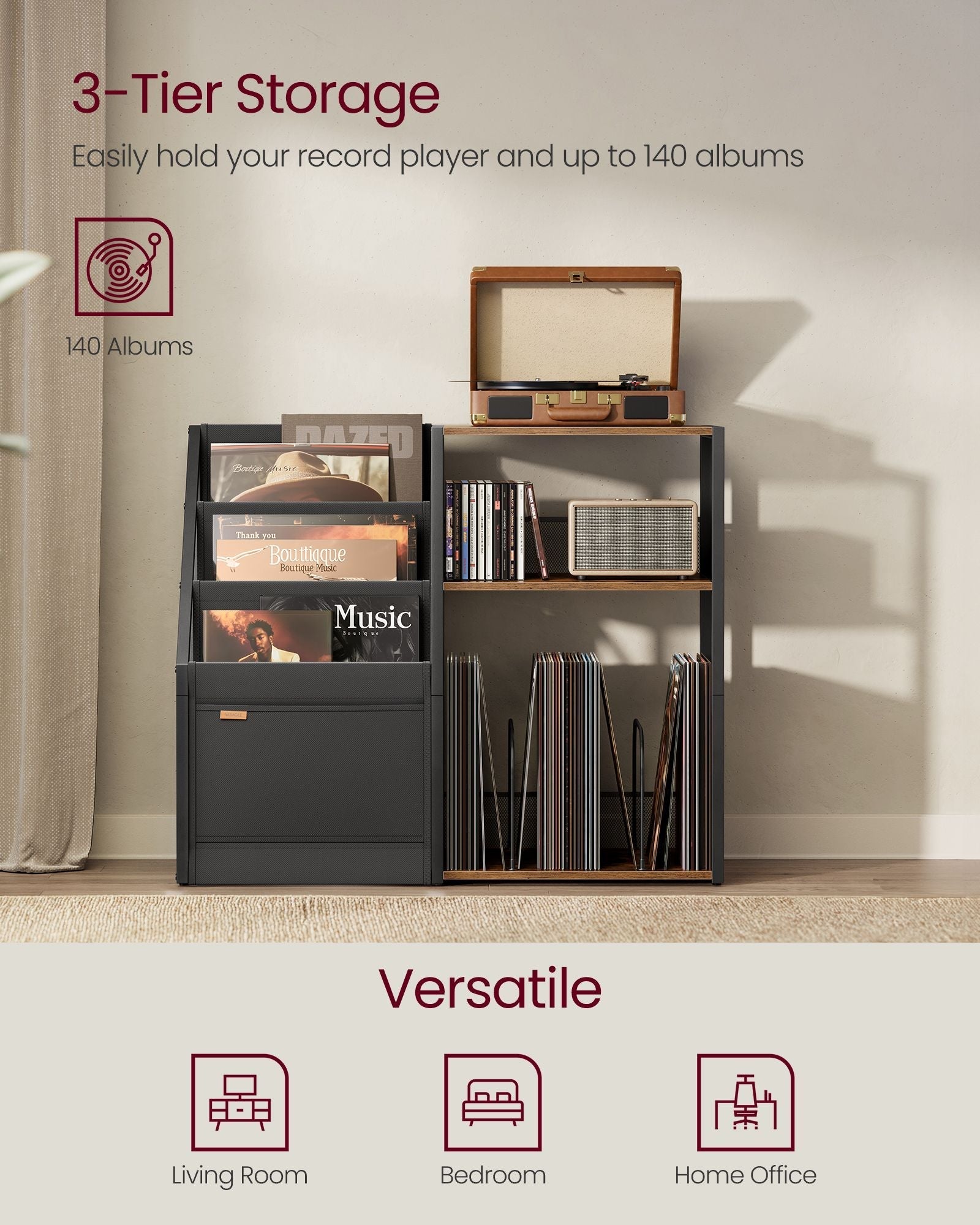 Record Player Stand - Wood - Rustic Brown - Vinyl Storage for Up to 140 Albums