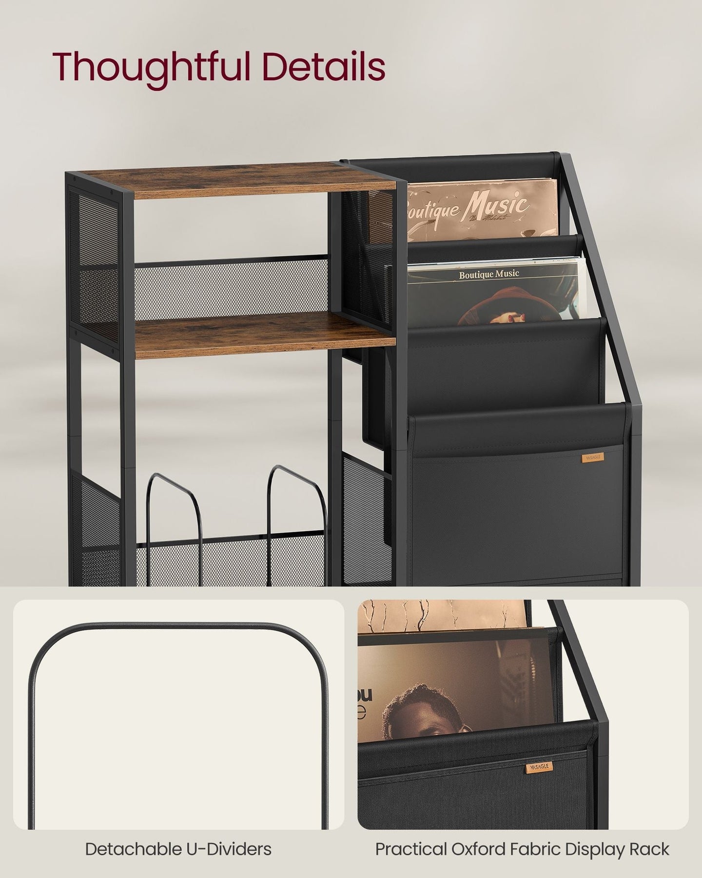 Record Player Stand - Wood - Rustic Brown - Vinyl Storage for Up to 140 Albums