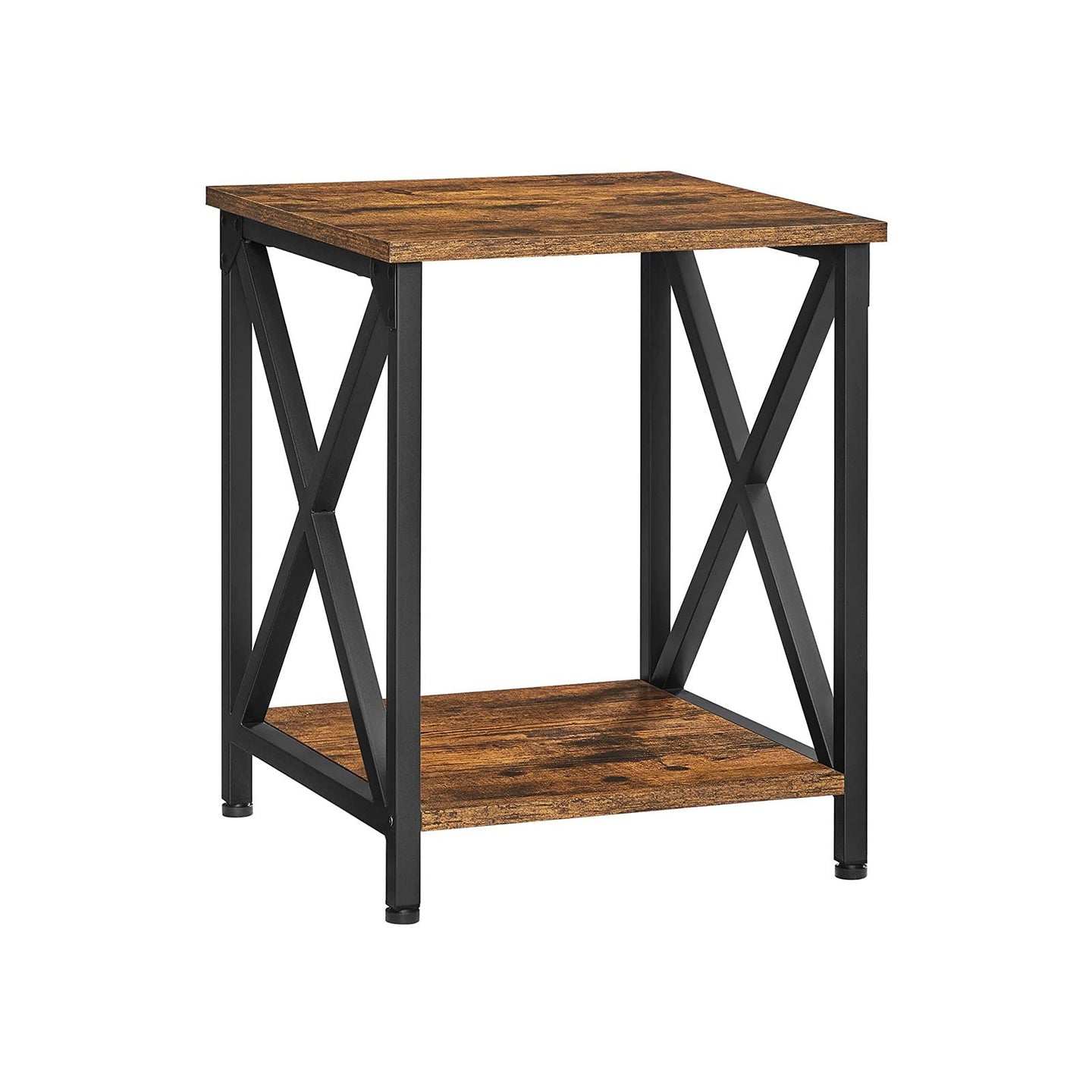 Side Table - Wood - Rustic Brown and Black - X-Shape Frame with Storage Shelf