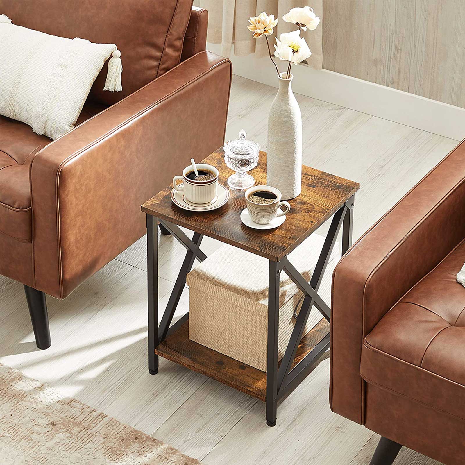 Side Table - Wood - Rustic Brown and Black - X-Shape Frame with Storage Shelf