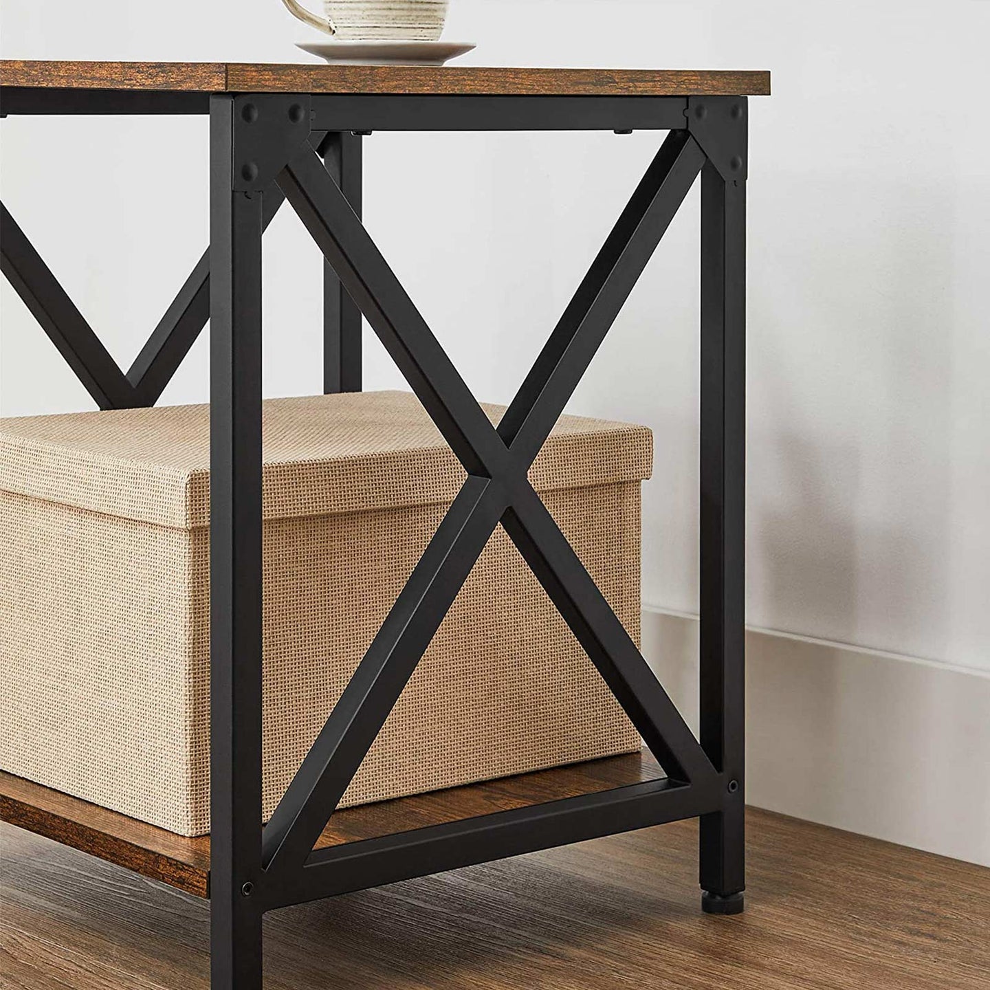 Side Table - Wood - Rustic Brown and Black - X-Shape Frame with Storage Shelf
