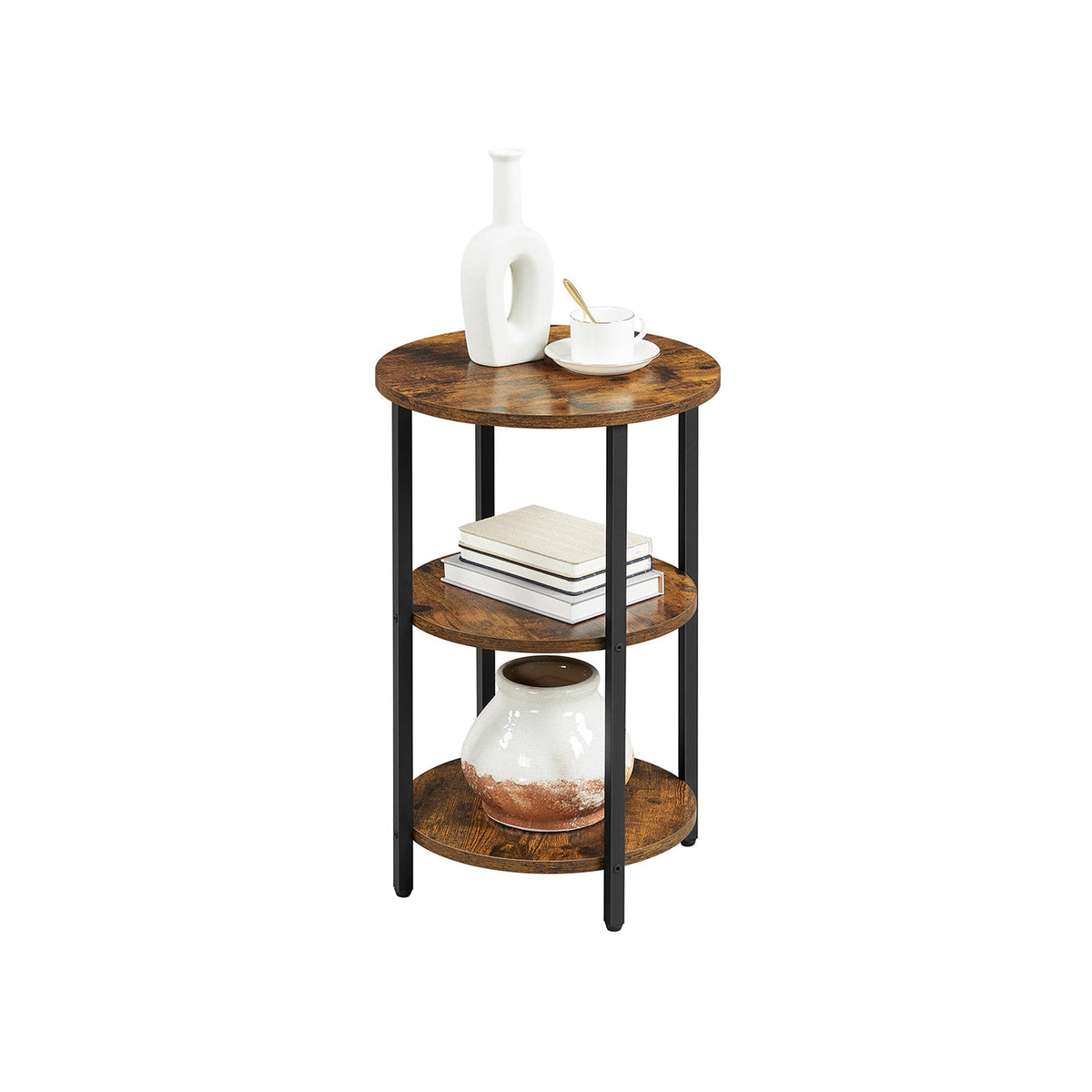 3-Tier Round Accent Table - Steel Frame - Rustic Brown and Black