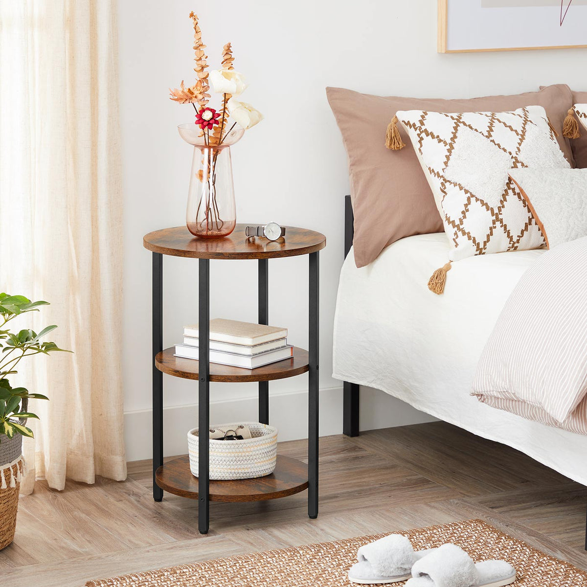 3-Tier Round Accent Table - Steel Frame - Rustic Brown and Black