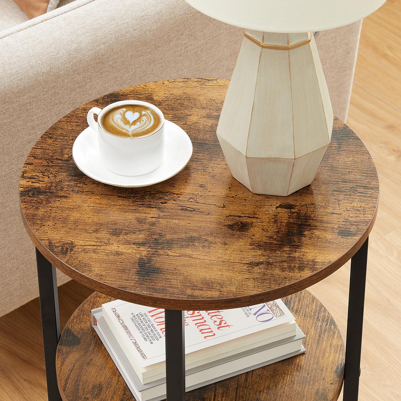 3-Tier Round Accent Table - Steel Frame - Rustic Brown and Black