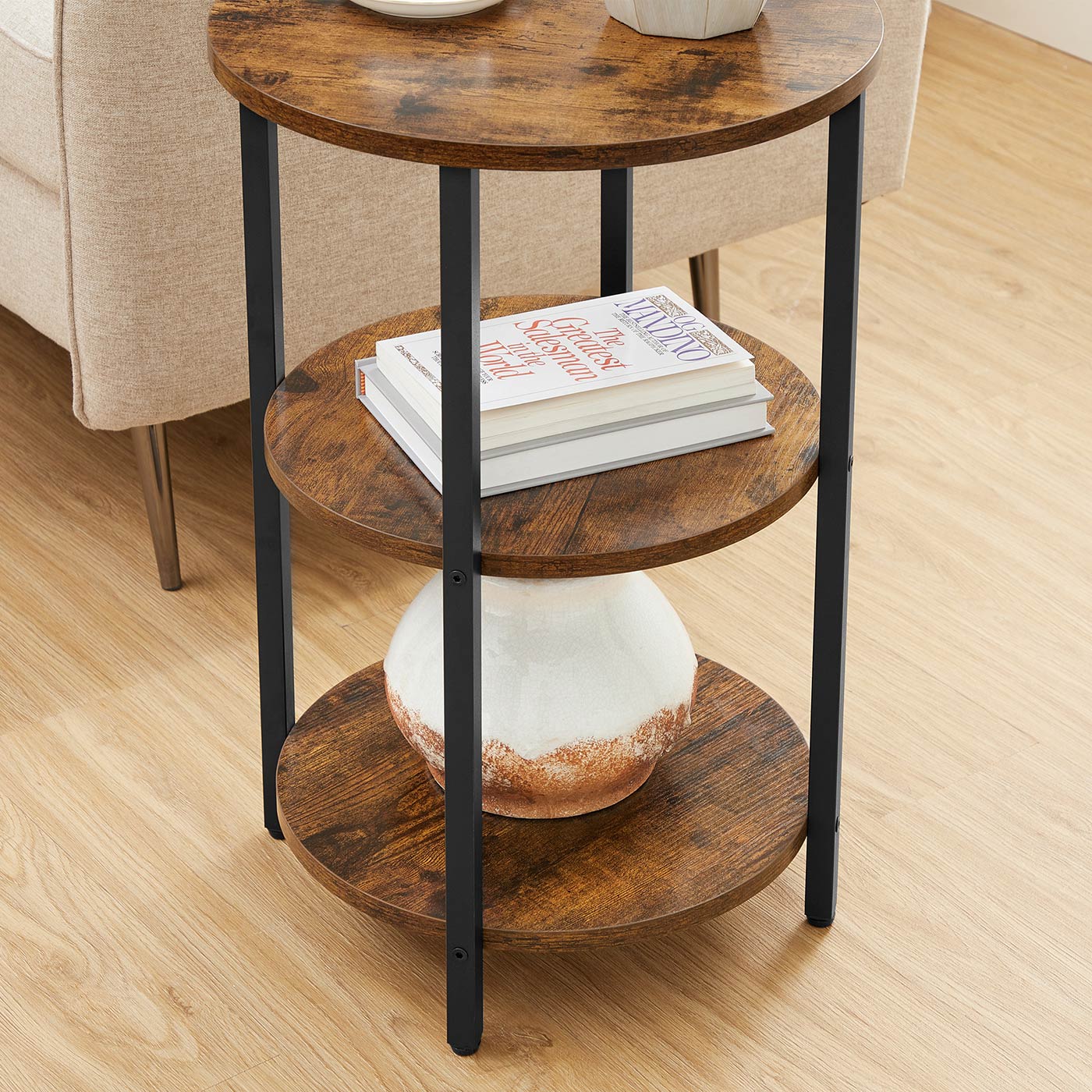 3-Tier Round Accent Table - Steel Frame - Rustic Brown and Black