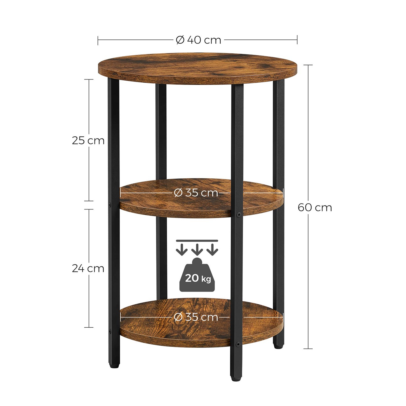 3-Tier Round Accent Table - Steel Frame - Rustic Brown and Black