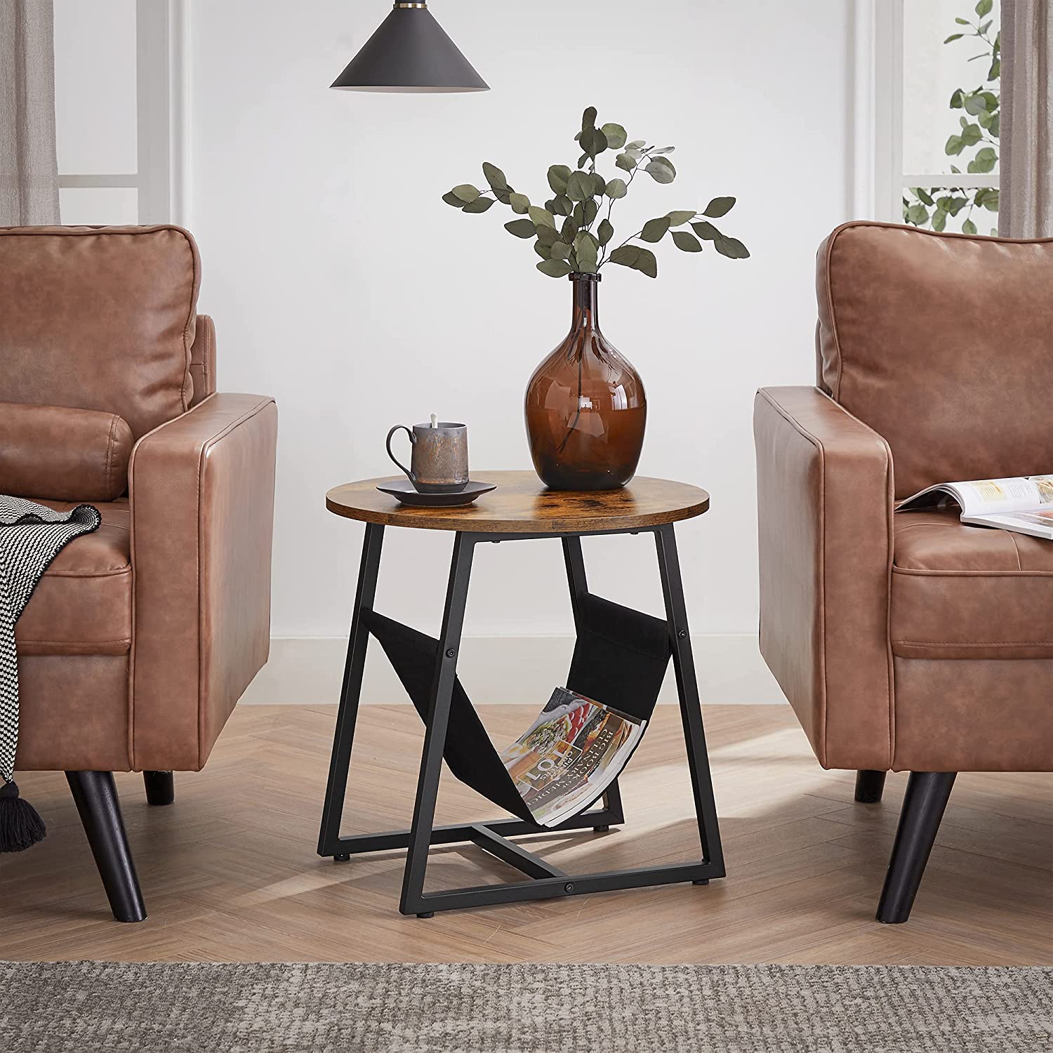 Round Side Table - Steel - Rustic Brown and Black - Magazine Pocket