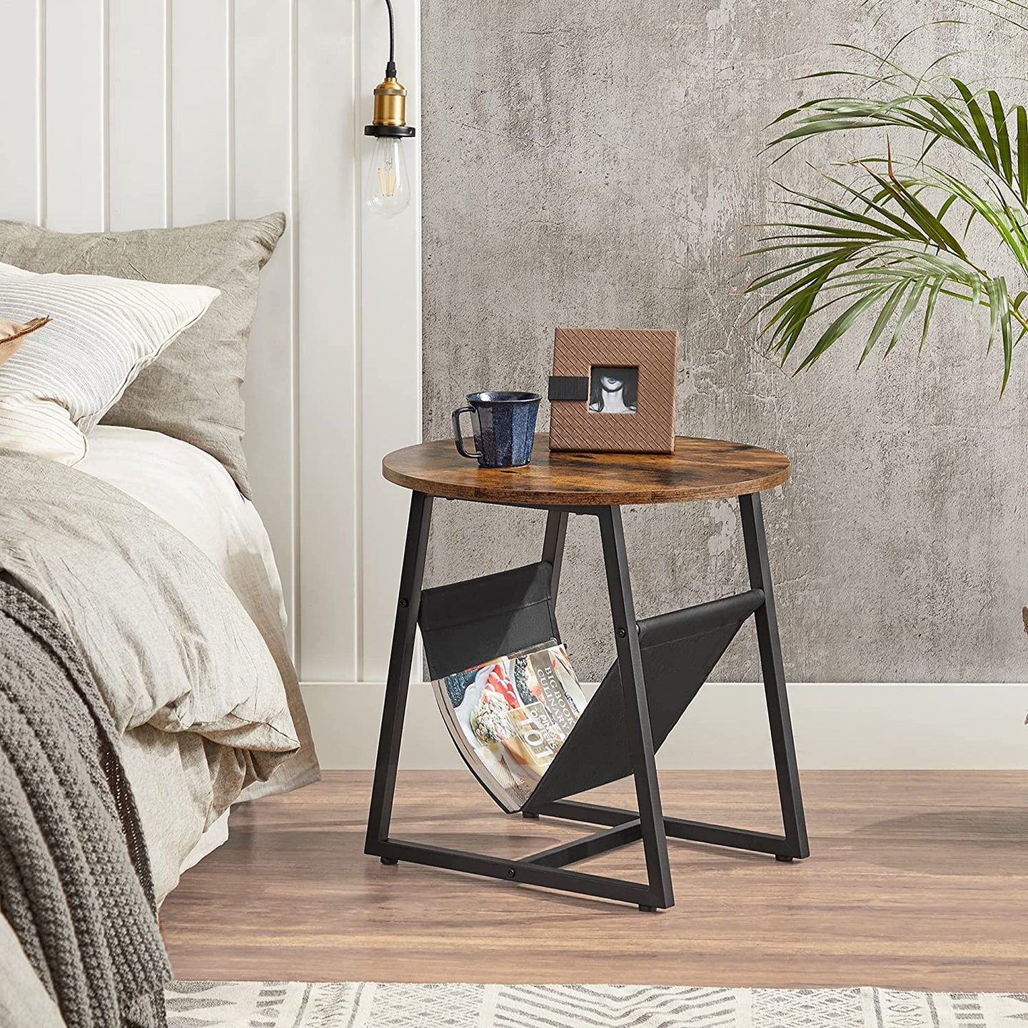 Round Side Table - Steel - Rustic Brown and Black - Magazine Pocket