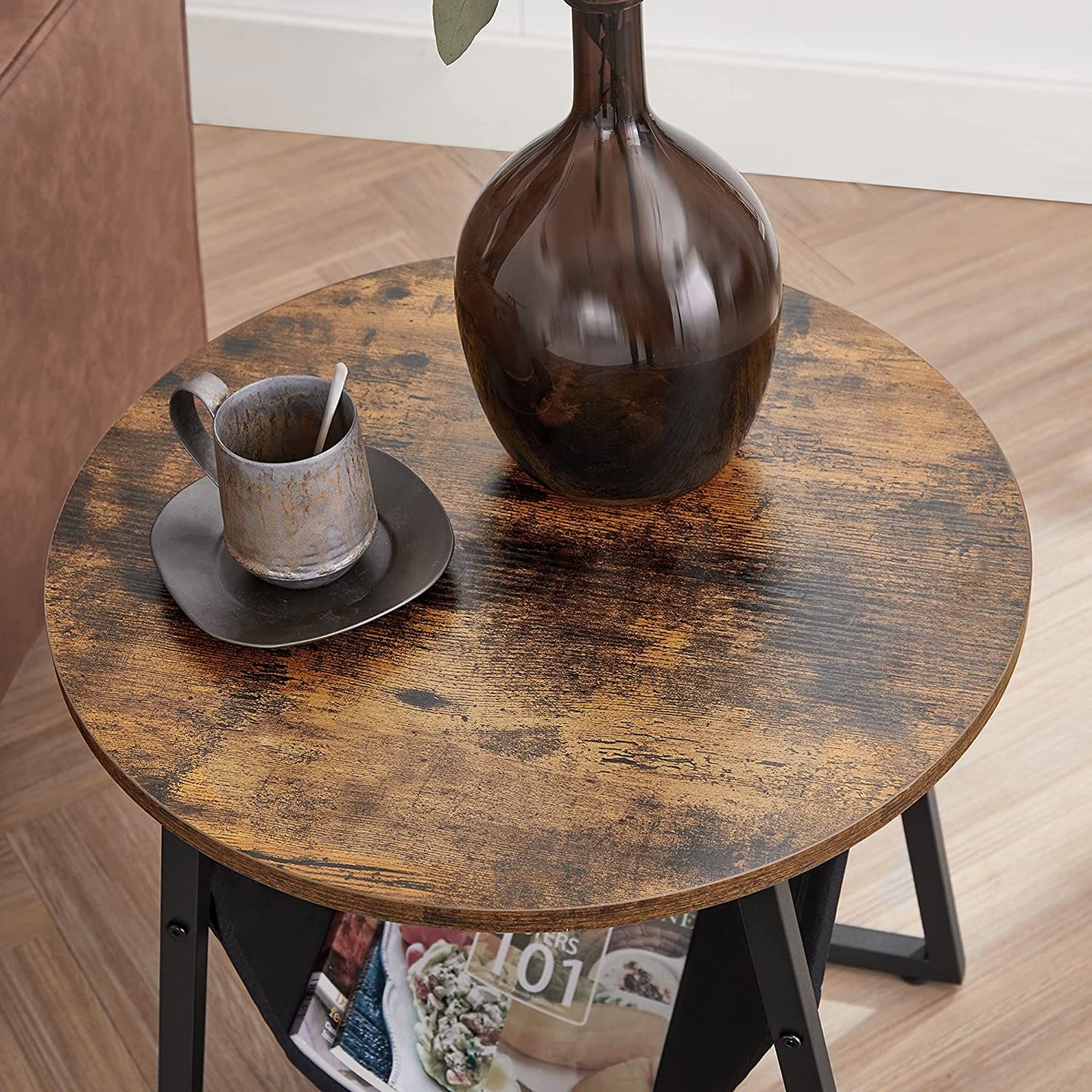 Round Side Table - Steel - Rustic Brown and Black - Magazine Pocket