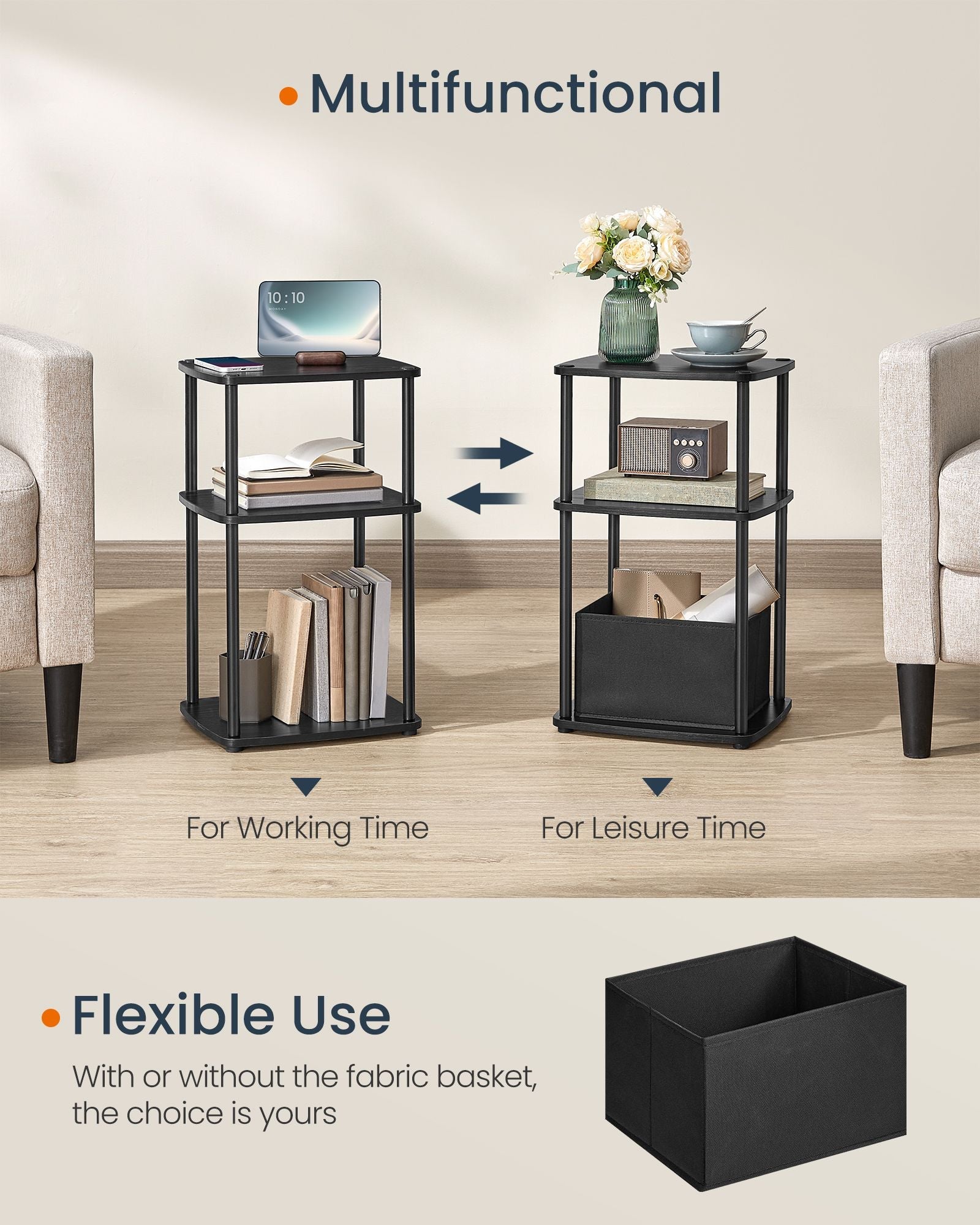 Side Table - Steel - Ebony Black - 3 Storage Shelves with Fabric Basket