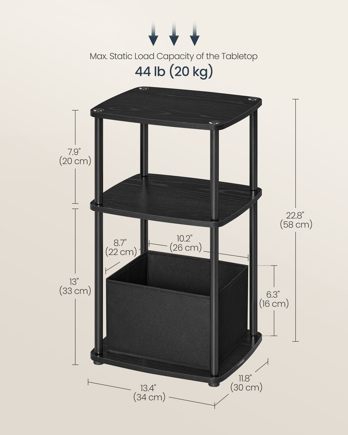 Side Table - Steel - Ebony Black - 3 Storage Shelves with Fabric Basket