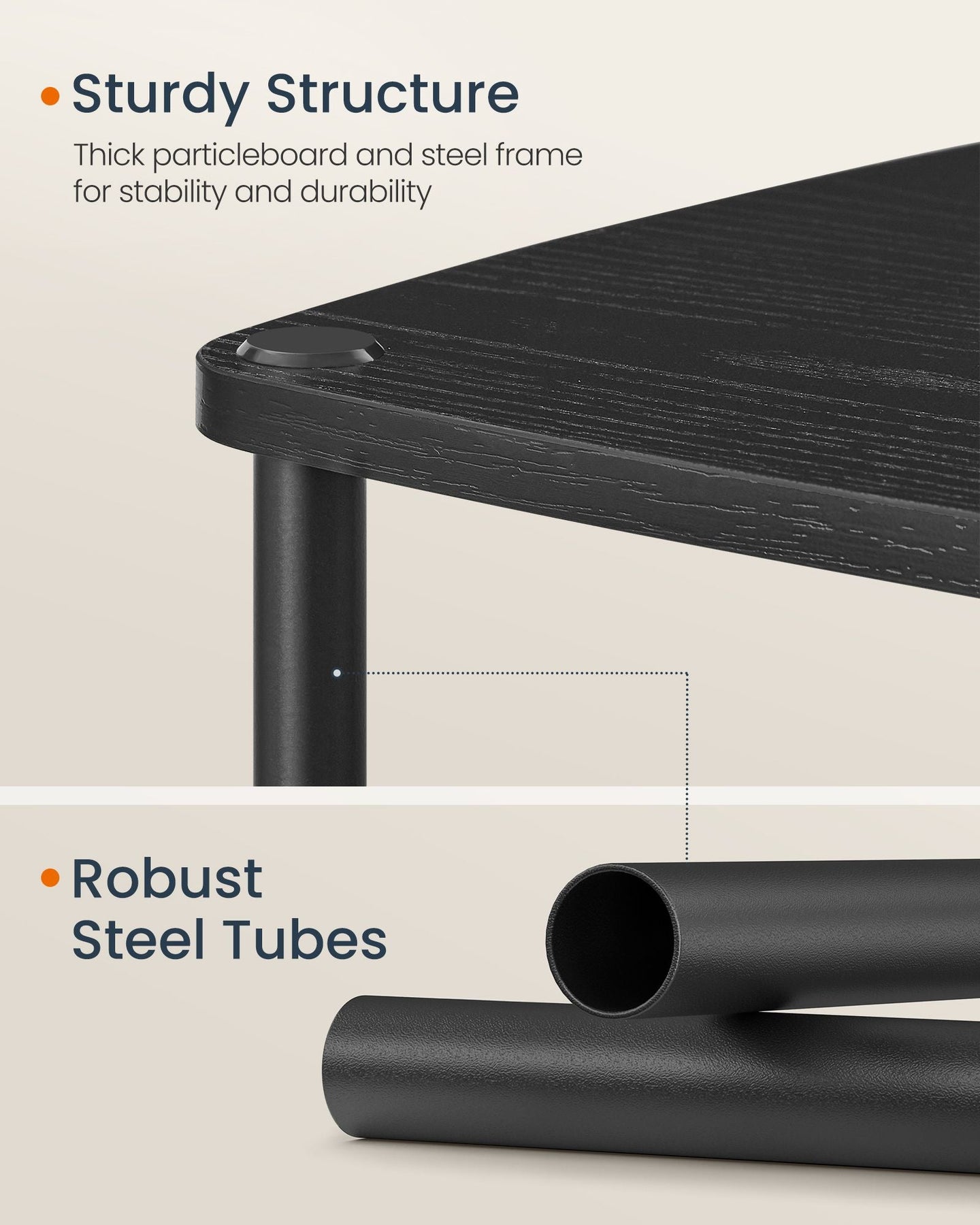 Side Table - Steel - Ebony Black - 3 Storage Shelves with Fabric Basket