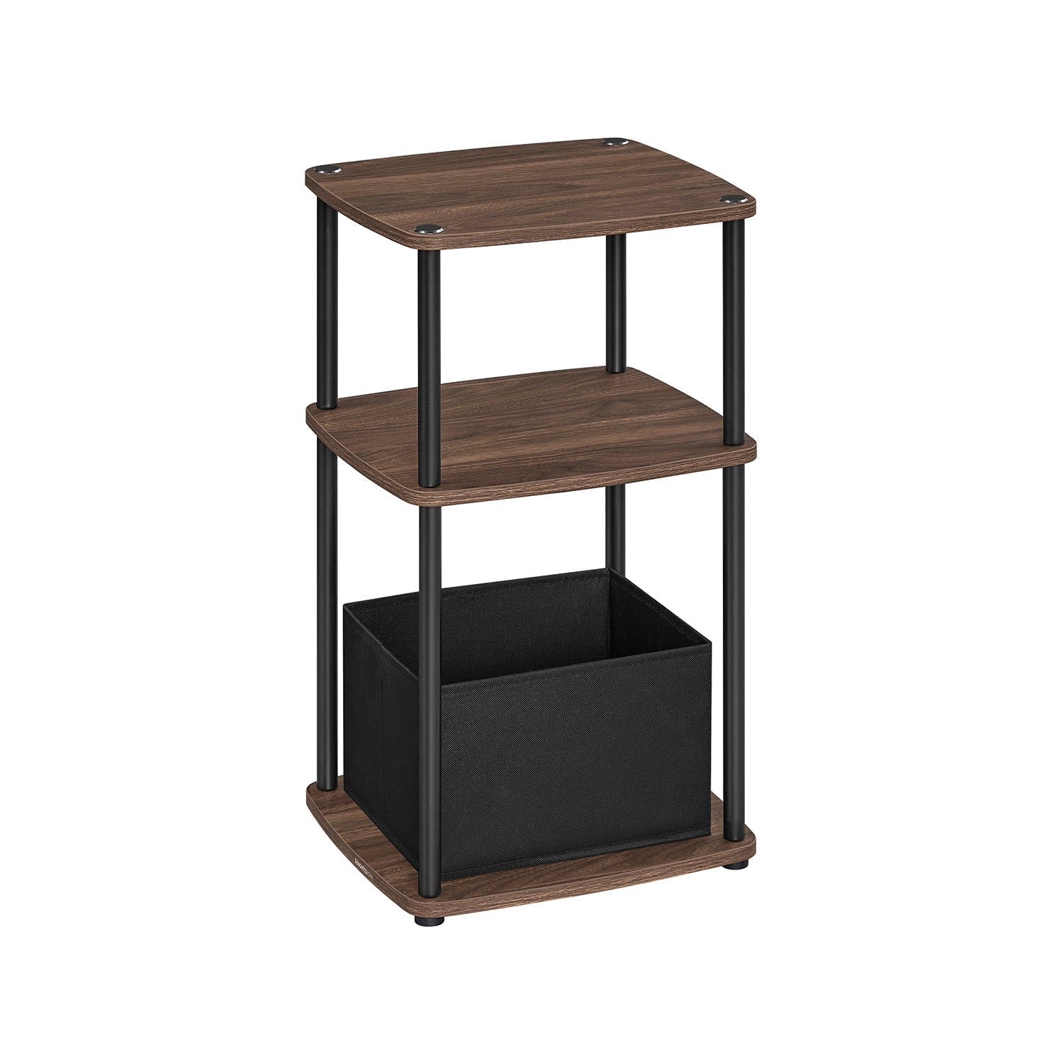 Side Table - Steel Frame - Ebony Walnut - 3 Storage Shelves with Fabric Basket