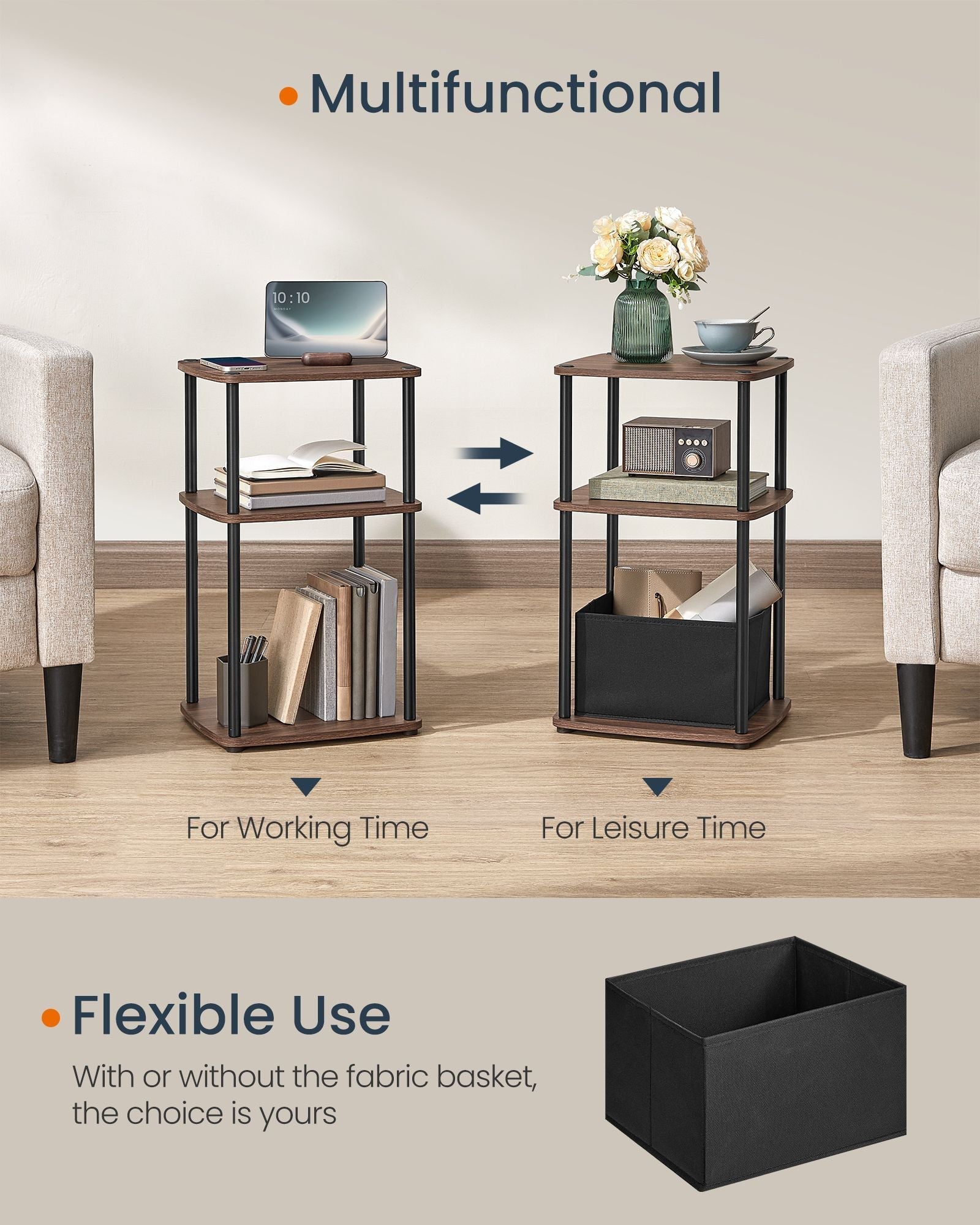 Side Table - Steel Frame - Ebony Walnut - 3 Storage Shelves with Fabric Basket