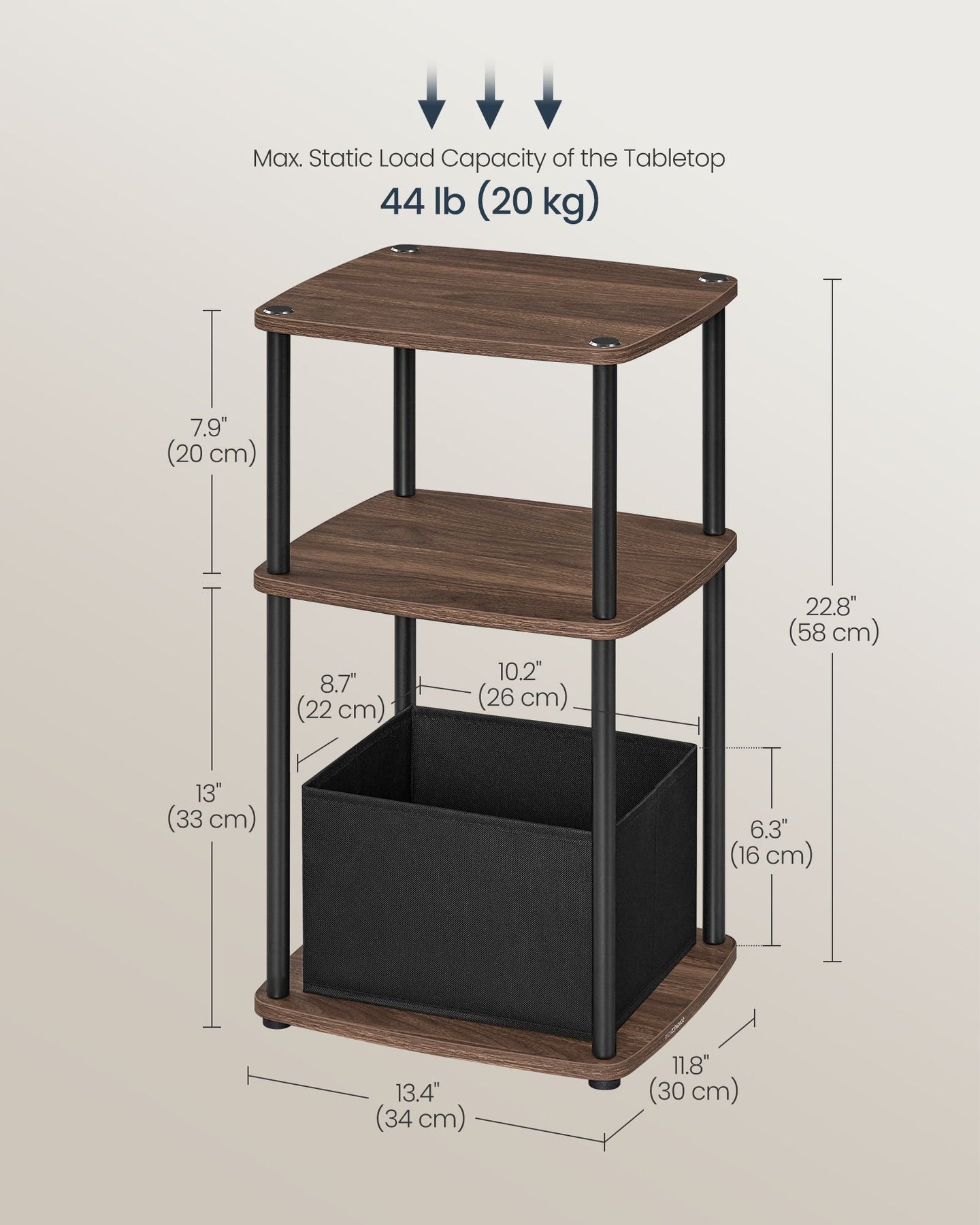 Side Table - Steel Frame - Ebony Walnut - 3 Storage Shelves with Fabric Basket