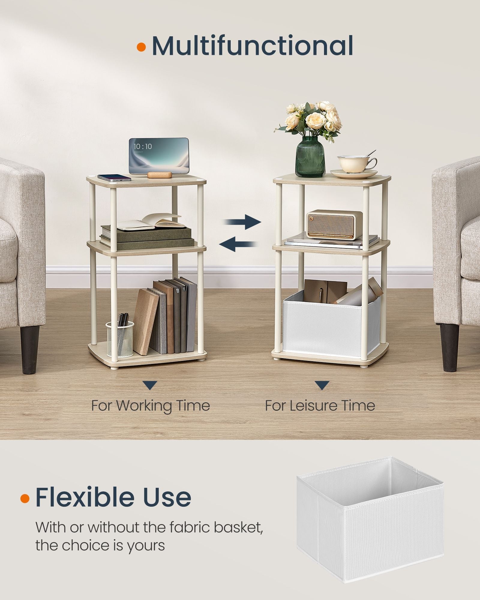 Side Table - 3 Storage Shelves - Steel - Natural Beige
