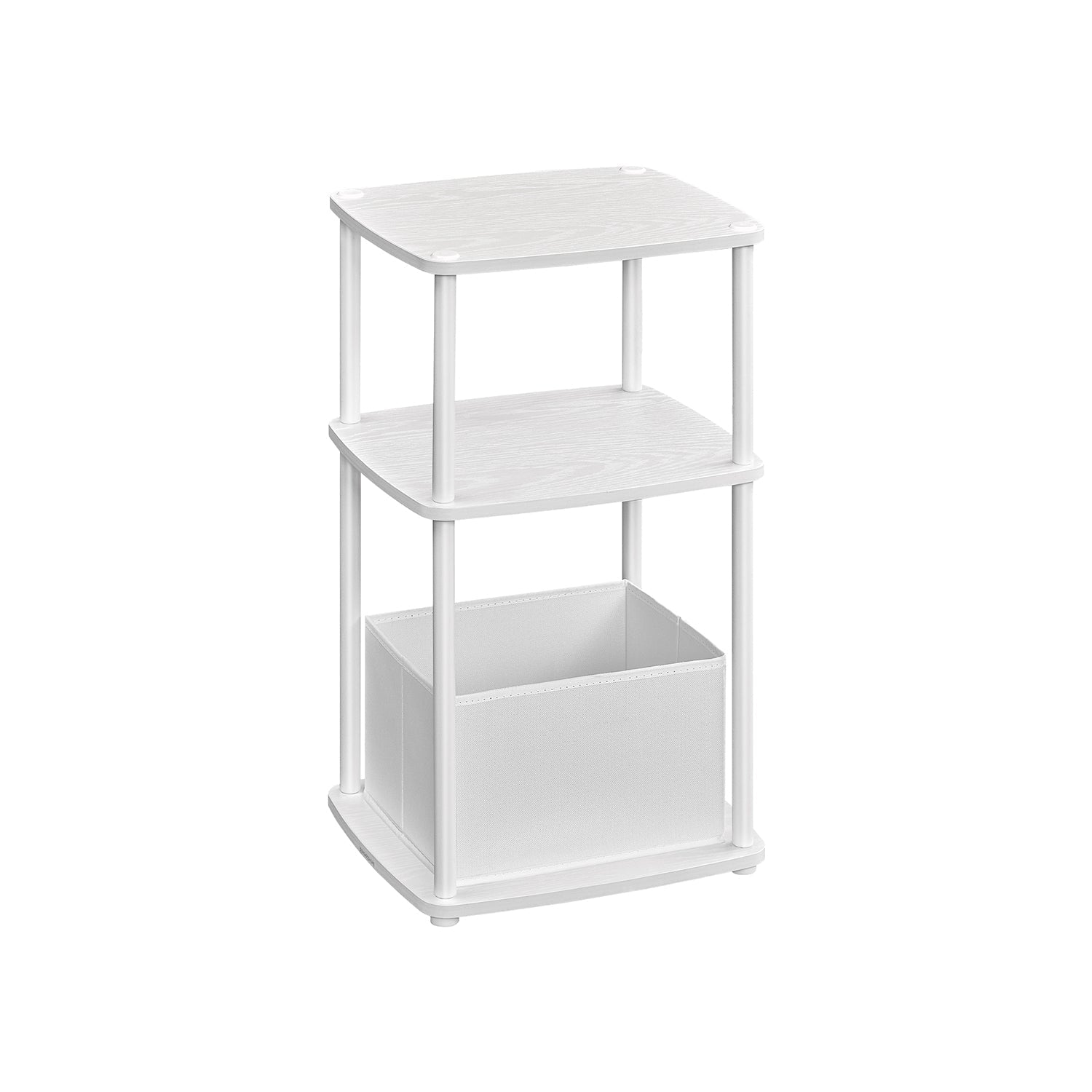 Side Table - Steel Frame - Snow White - 3 Storage Shelves with Fabric Basket