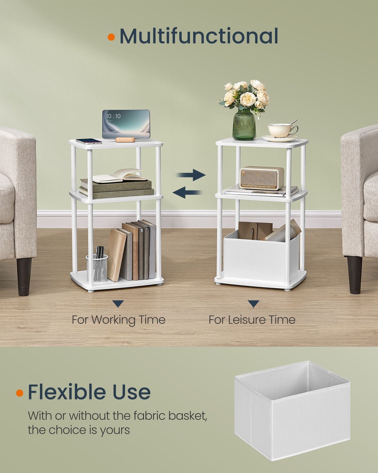 Side Table - Steel Frame - Snow White - 3 Storage Shelves with Fabric Basket