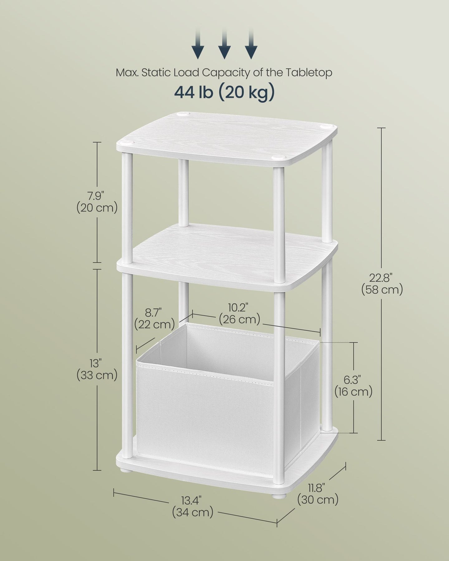 Side Table - Steel Frame - Snow White - 3 Storage Shelves with Fabric Basket