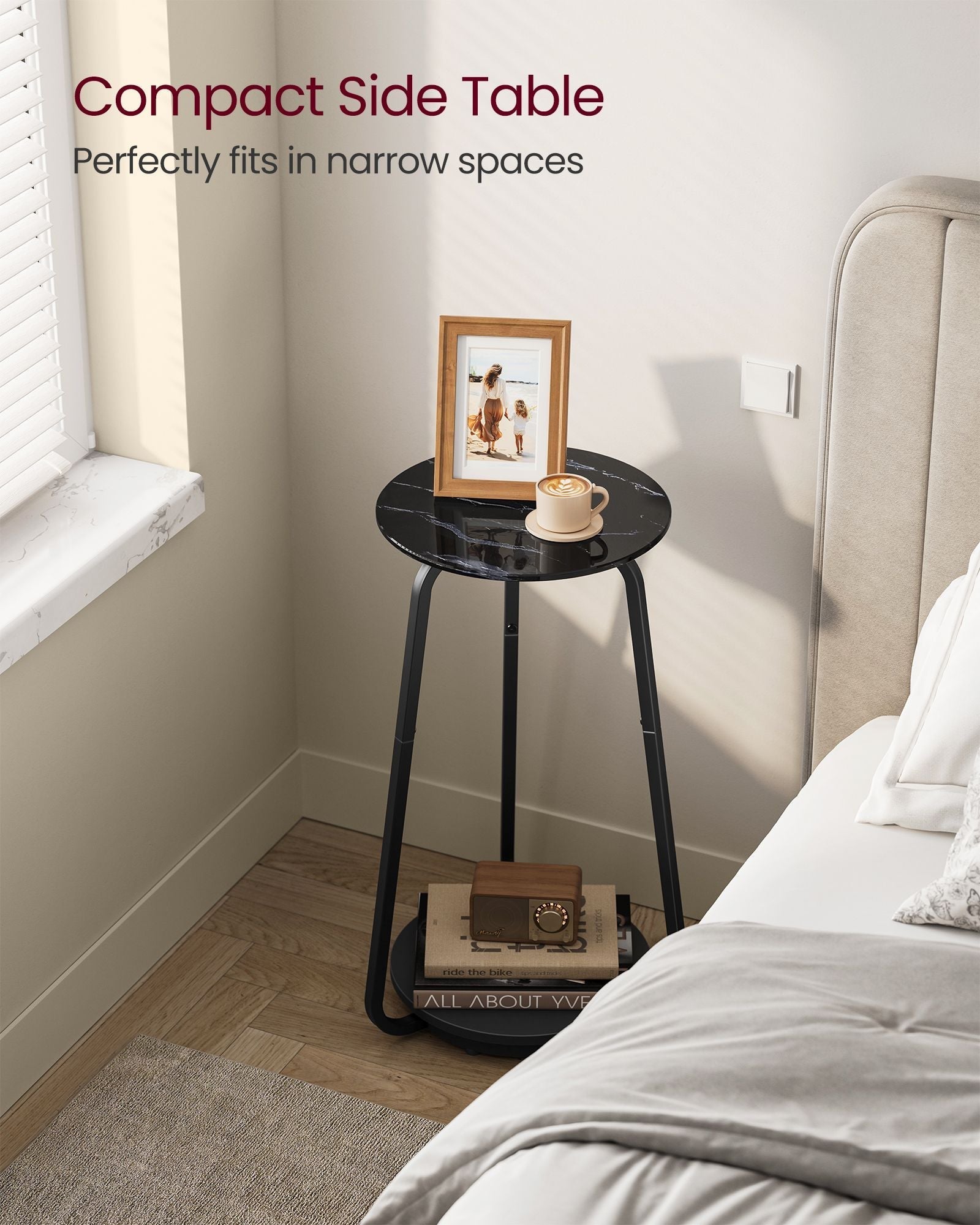 2-Tier Round Side Table - Glass - Marble Black