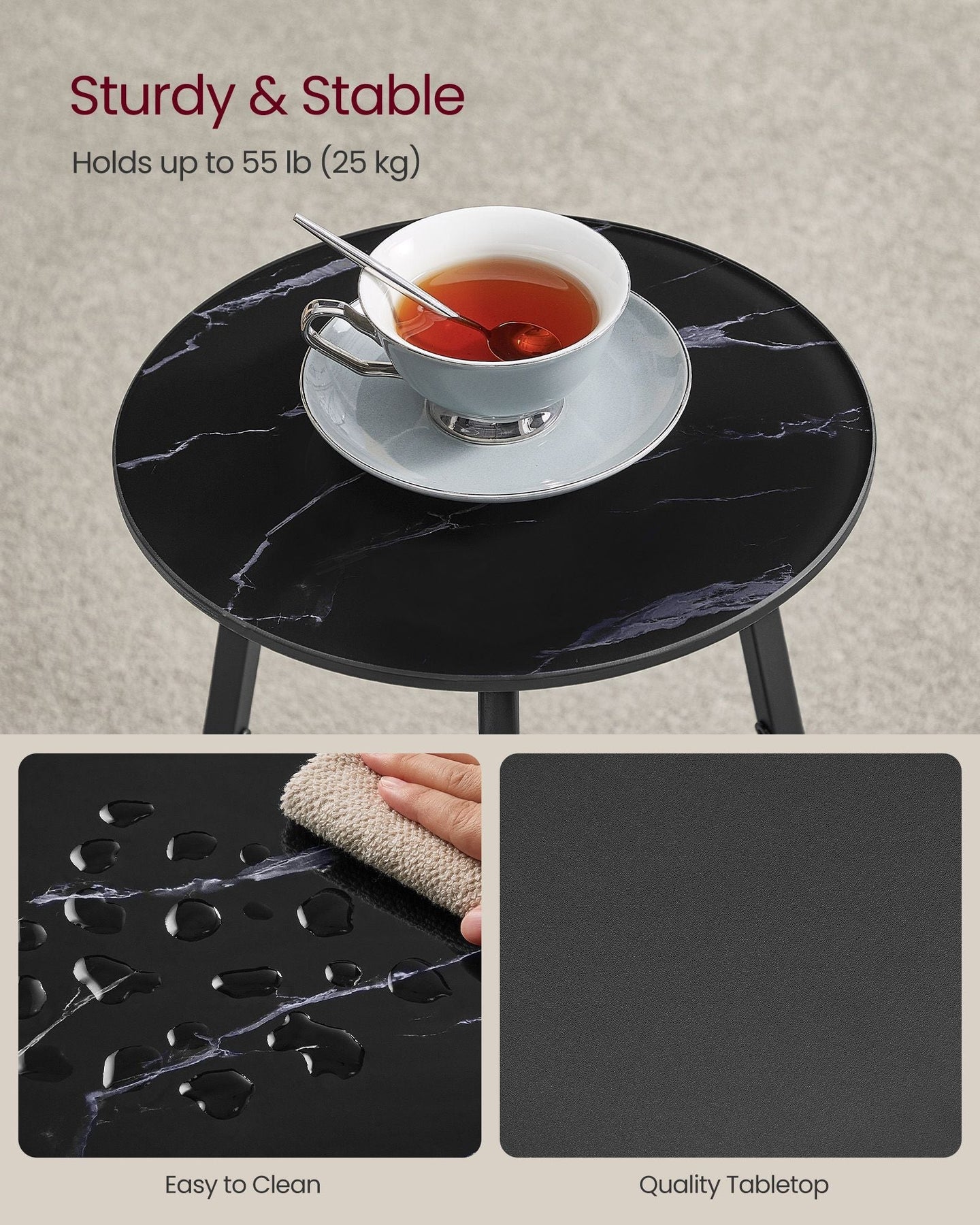 2-Tier Round Side Table - Glass - Marble Black
