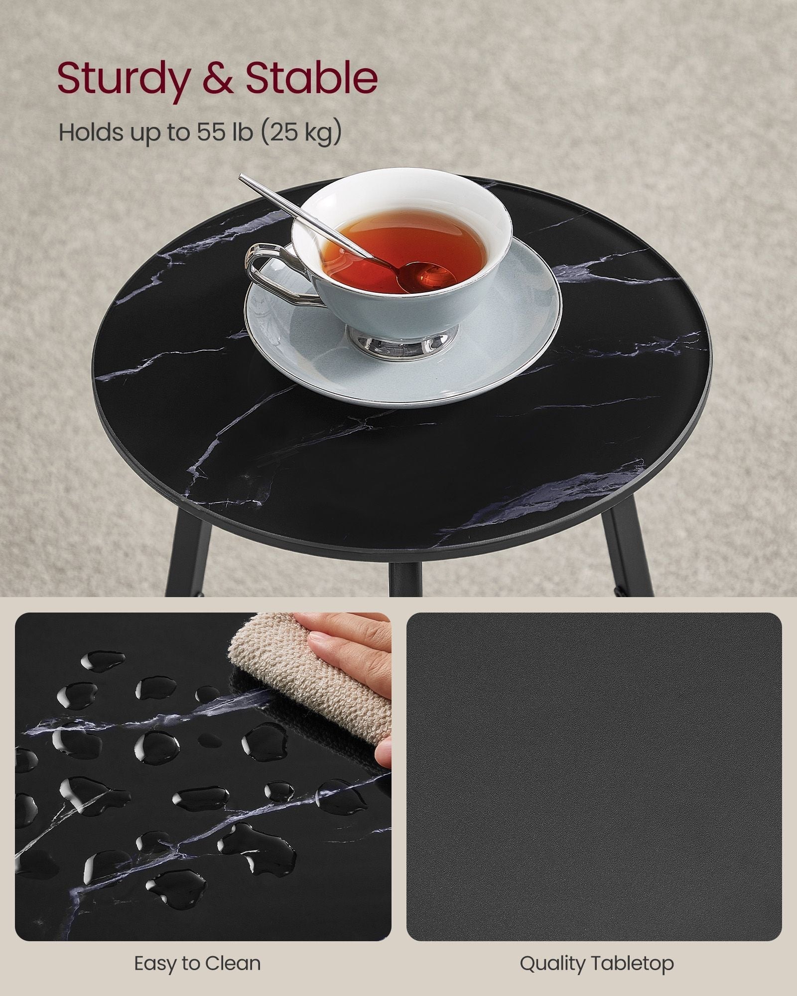 2-Tier Round Side Table - Glass - Marble Black