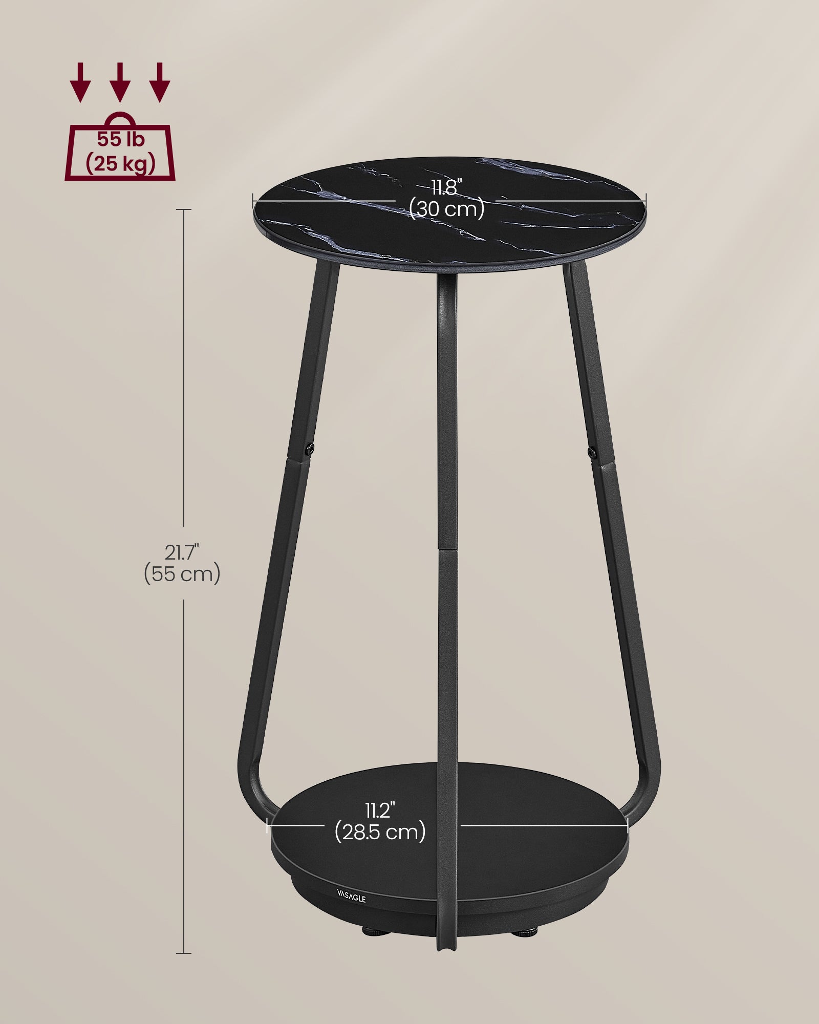 2-Tier Round Side Table - Glass - Marble Black