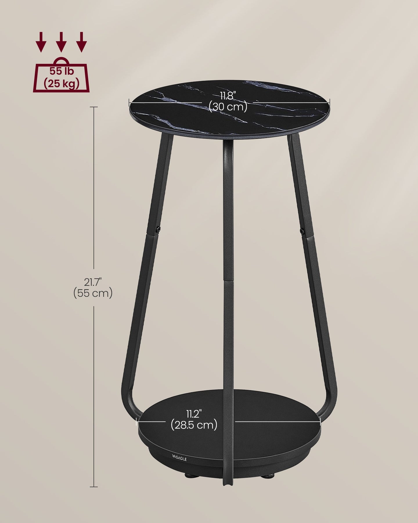 2-Tier Round Side Table - Glass - Marble Black