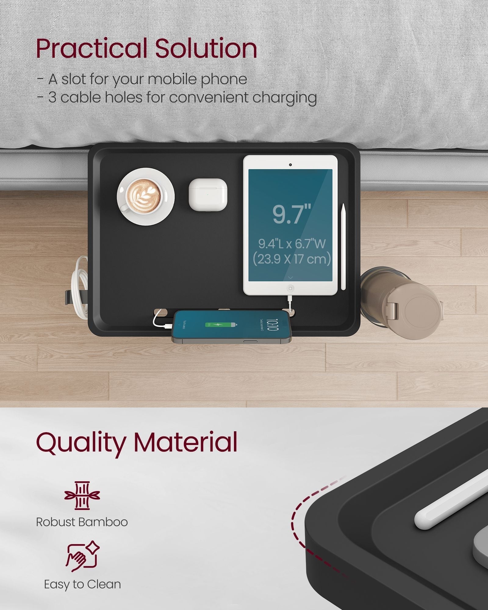 Bedside Shelf - Wood - Ink Black - Mobile Phone Slot
