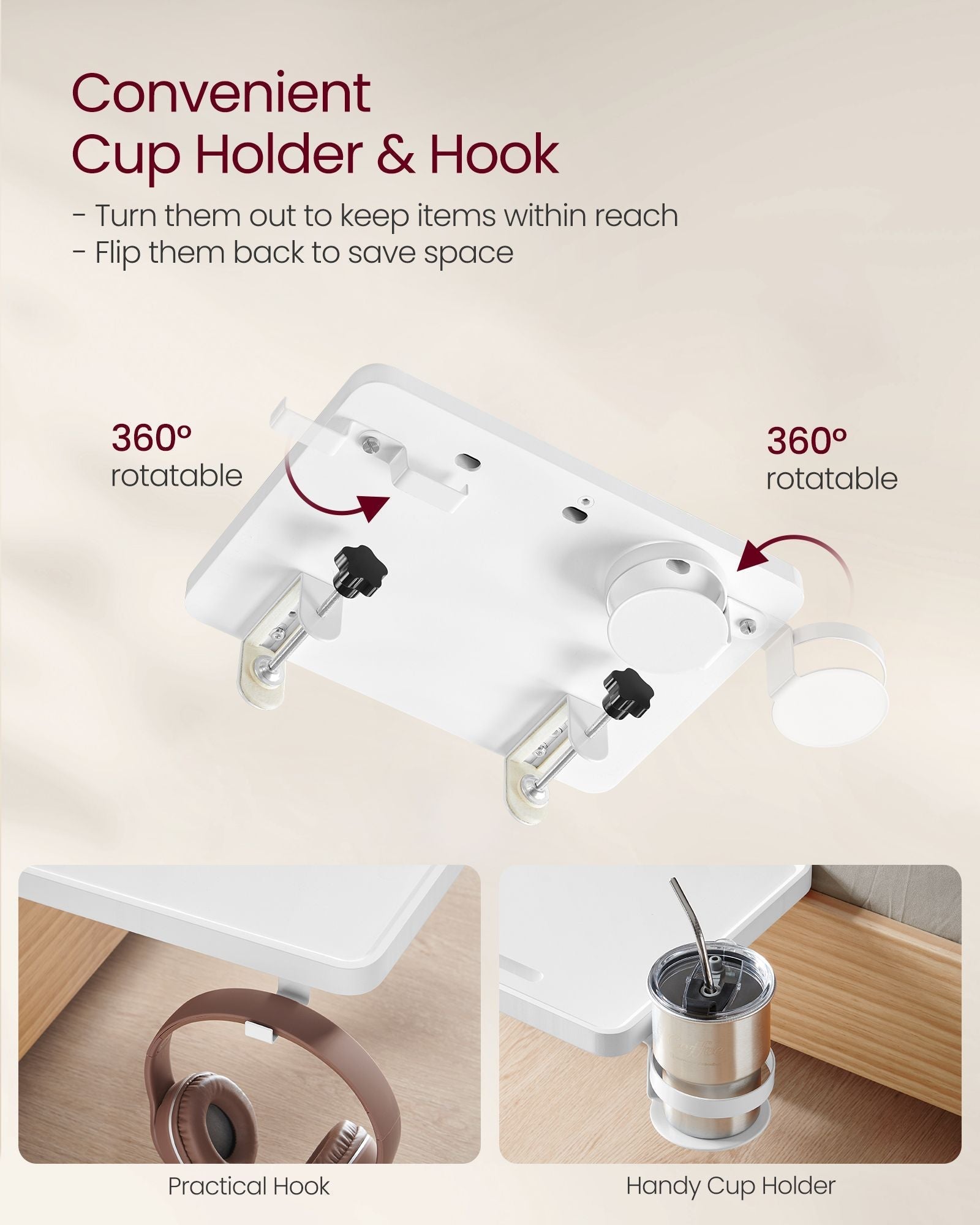 Bedside Table - MDF - Black - Adjustable Clamps with Hanging Tray and Cup Holder