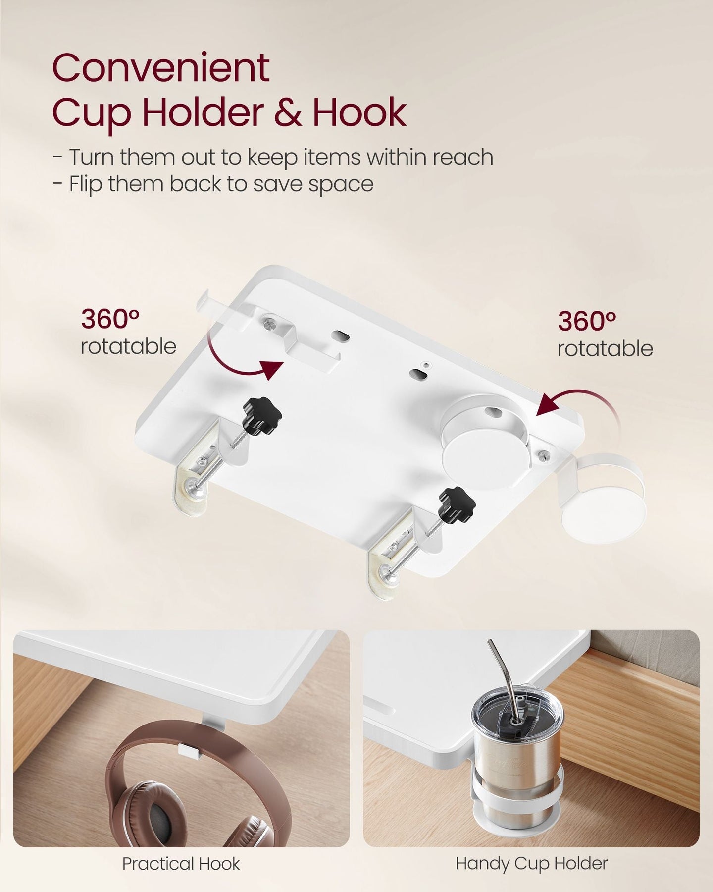 Bedside Table - MDF - Black - Adjustable Clamps with Hanging Tray and Cup Holder