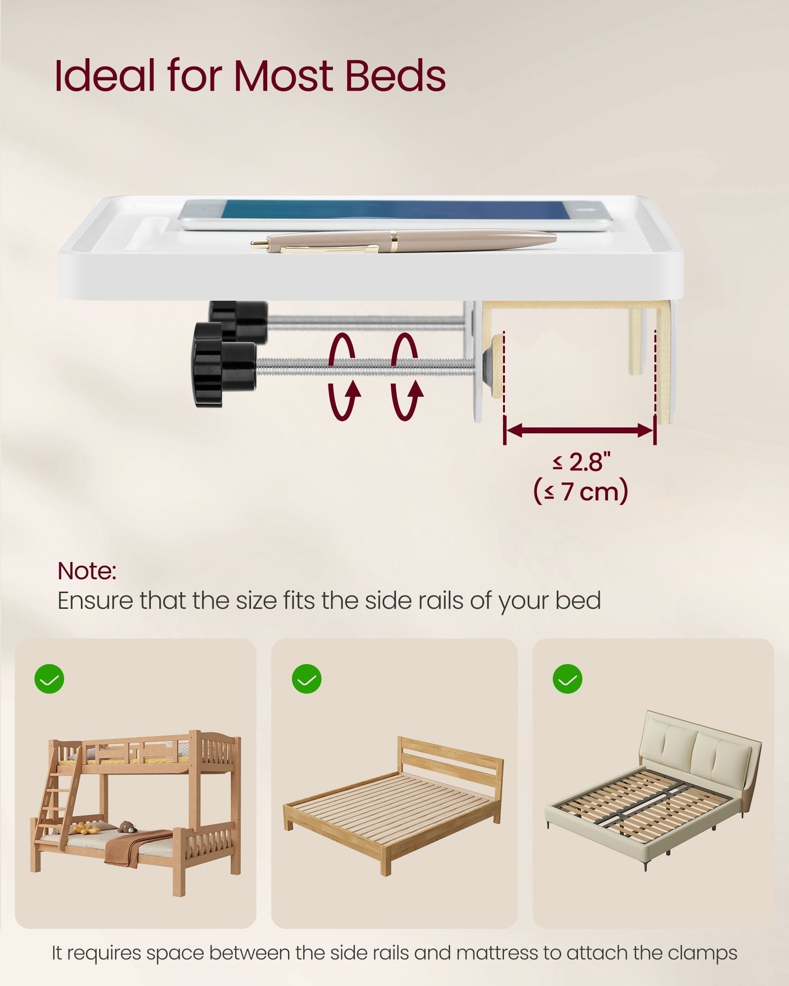 Bedside Table - MDF - Black - Adjustable Clamps with Hanging Tray and Cup Holder