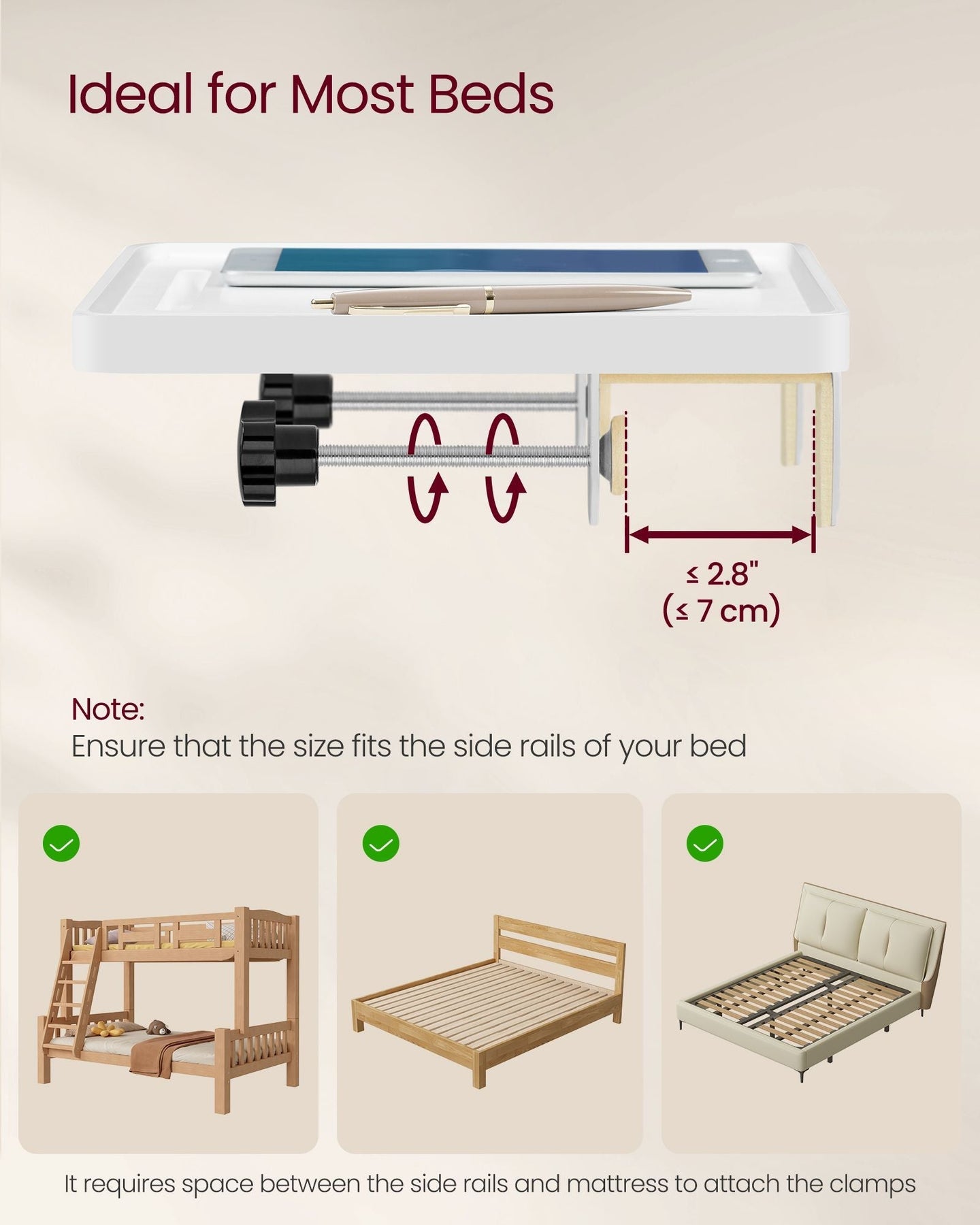 Bedside Table - MDF - Black - Adjustable Clamps with Hanging Tray and Cup Holder