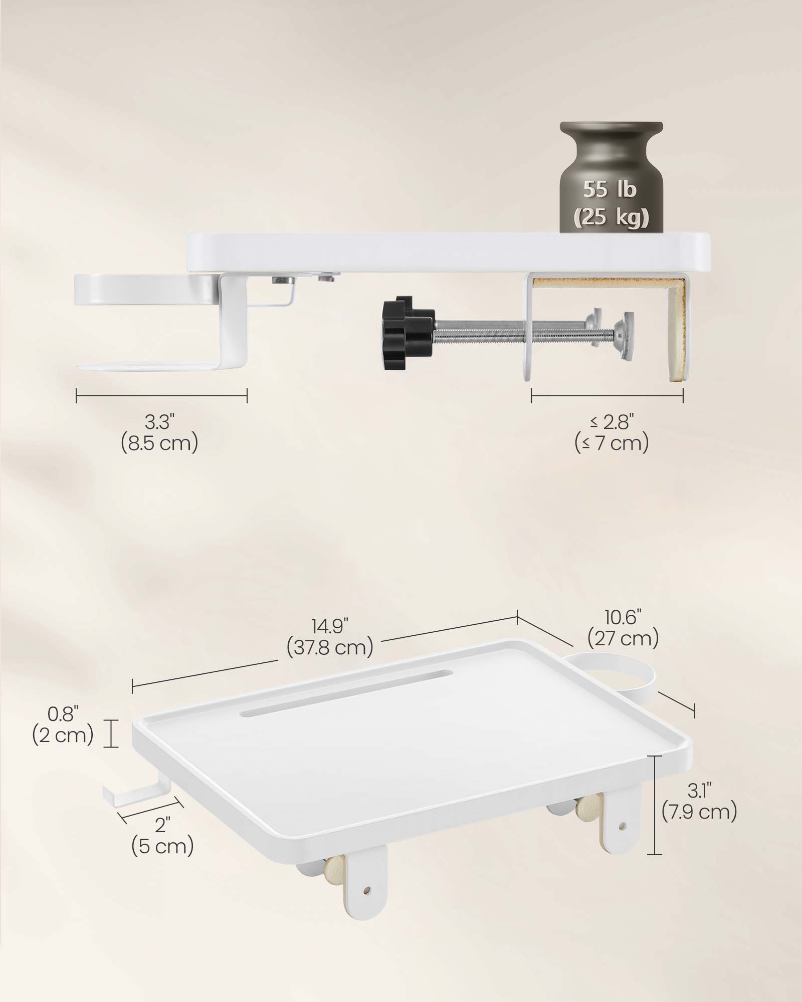 Bedside Table - MDF - Black - Adjustable Clamps with Hanging Tray and Cup Holder