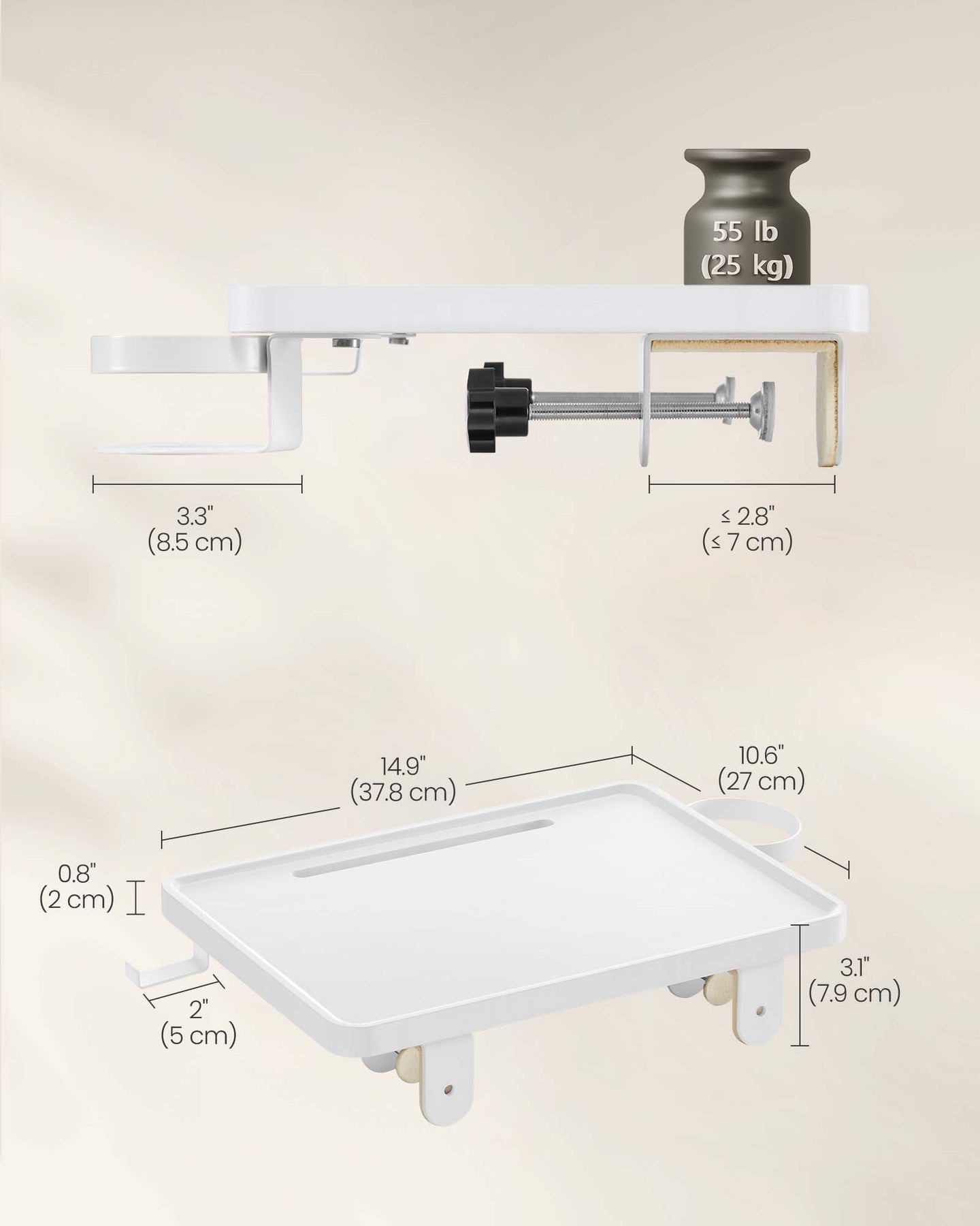 Bedside Table - MDF - Black - Adjustable Clamps with Hanging Tray and Cup Holder