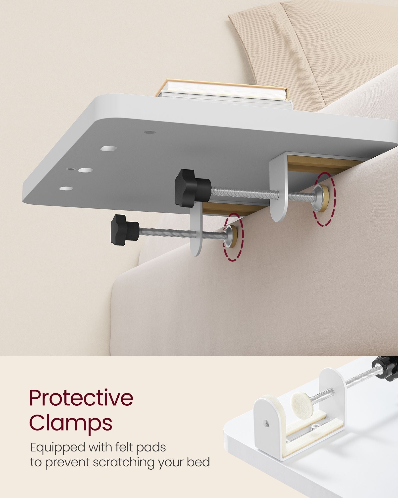 Bedside Table - MDF - Black - Adjustable Clamps with Hanging Tray and Cup Holder
