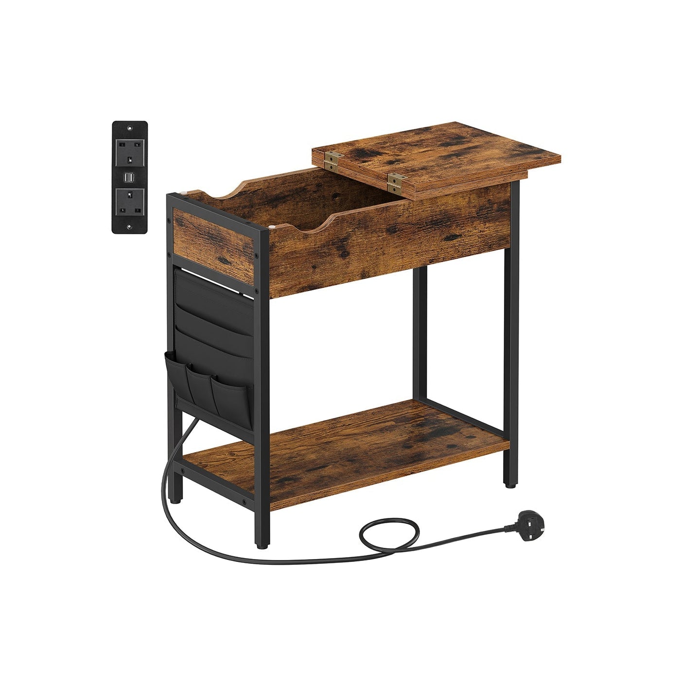 Slim Side Table - Wood - Rustic Brown and Black - Features Charging Station with USB Ports and Storage Bags