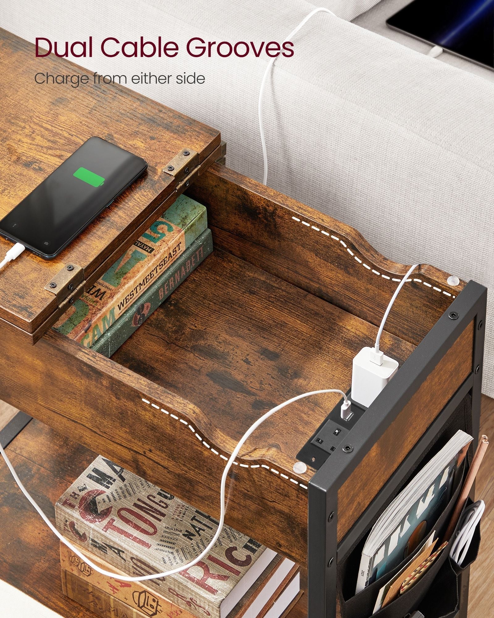 Slim Side Table - Wood - Rustic Brown and Black - Features Charging Station with USB Ports and Storage Bags