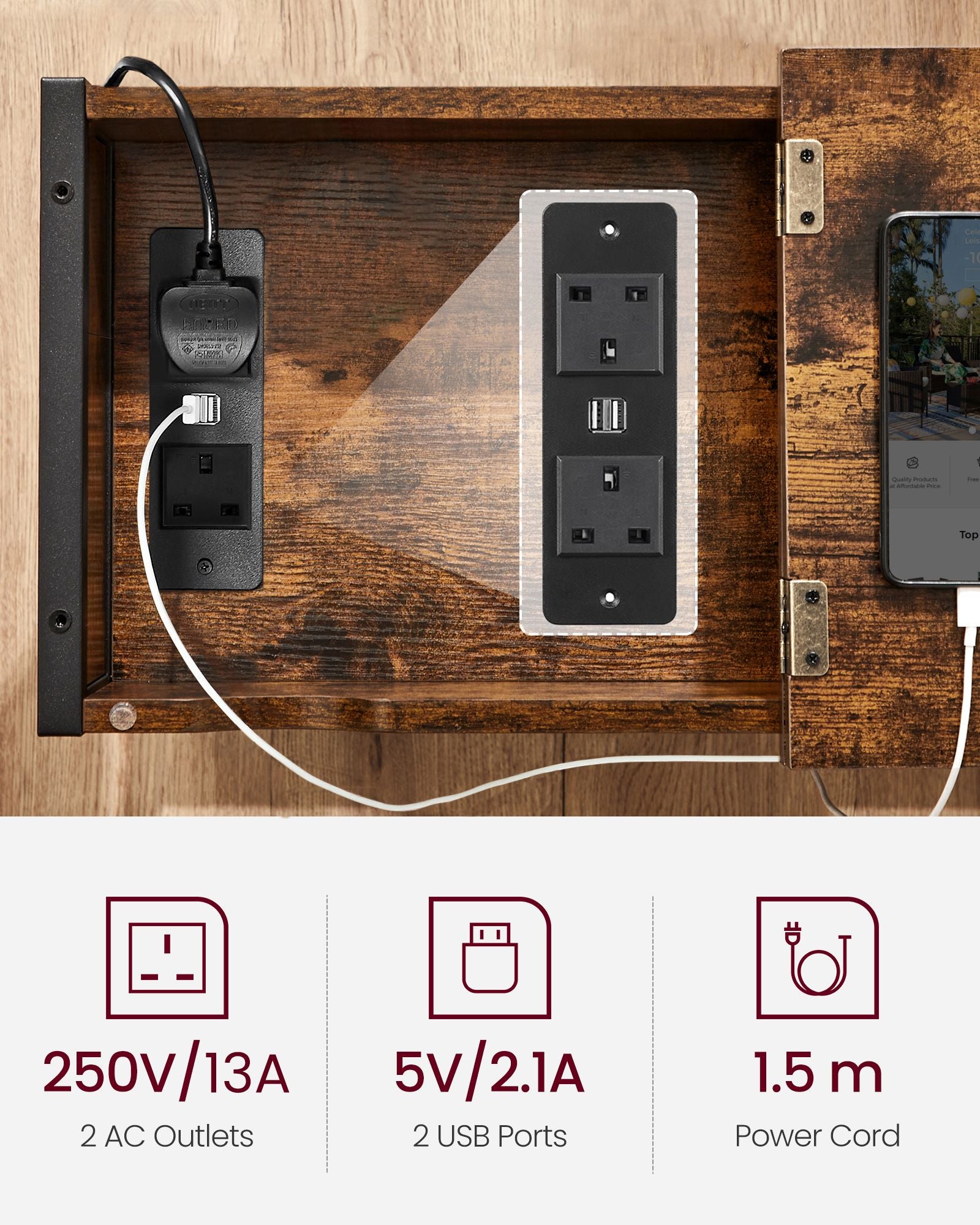 Slim Side Table - Wood - Rustic Brown and Black - Features Charging Station with USB Ports and Storage Bags