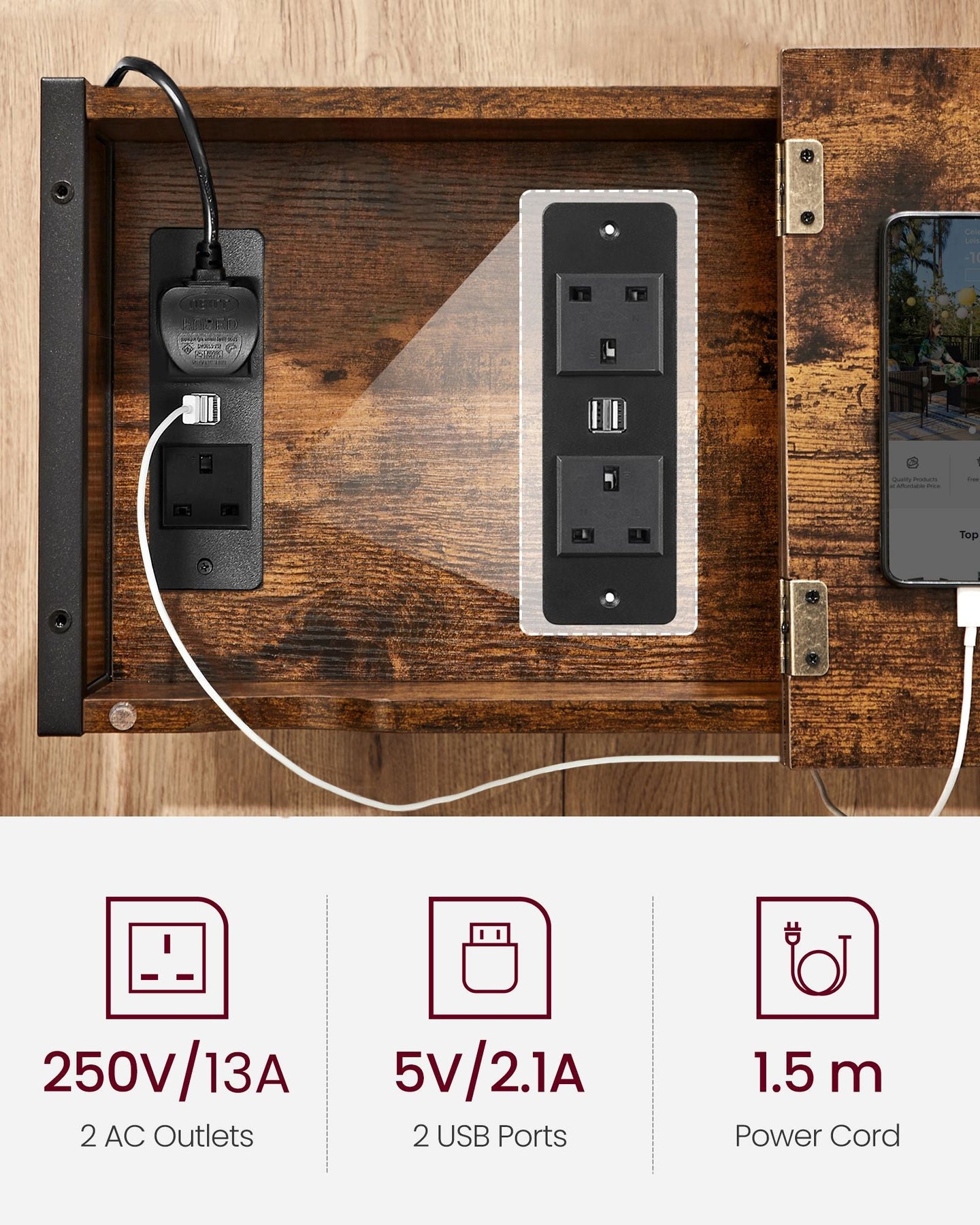 Slim Side Table - Wood - Rustic Brown and Black - Features Charging Station with USB Ports and Storage Bags