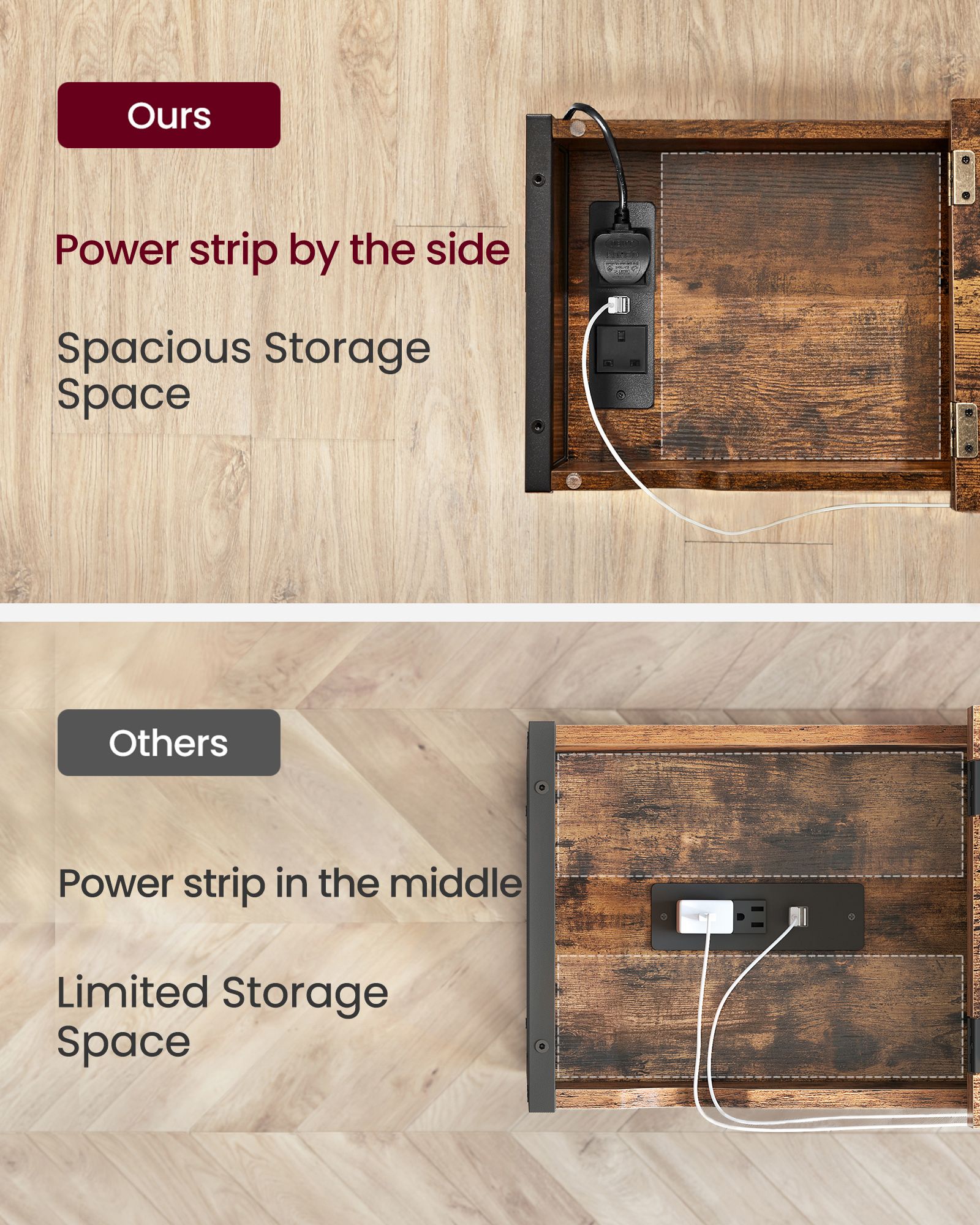 Slim Side Table - Wood - Rustic Brown and Black - Features Charging Station with USB Ports and Storage Bags