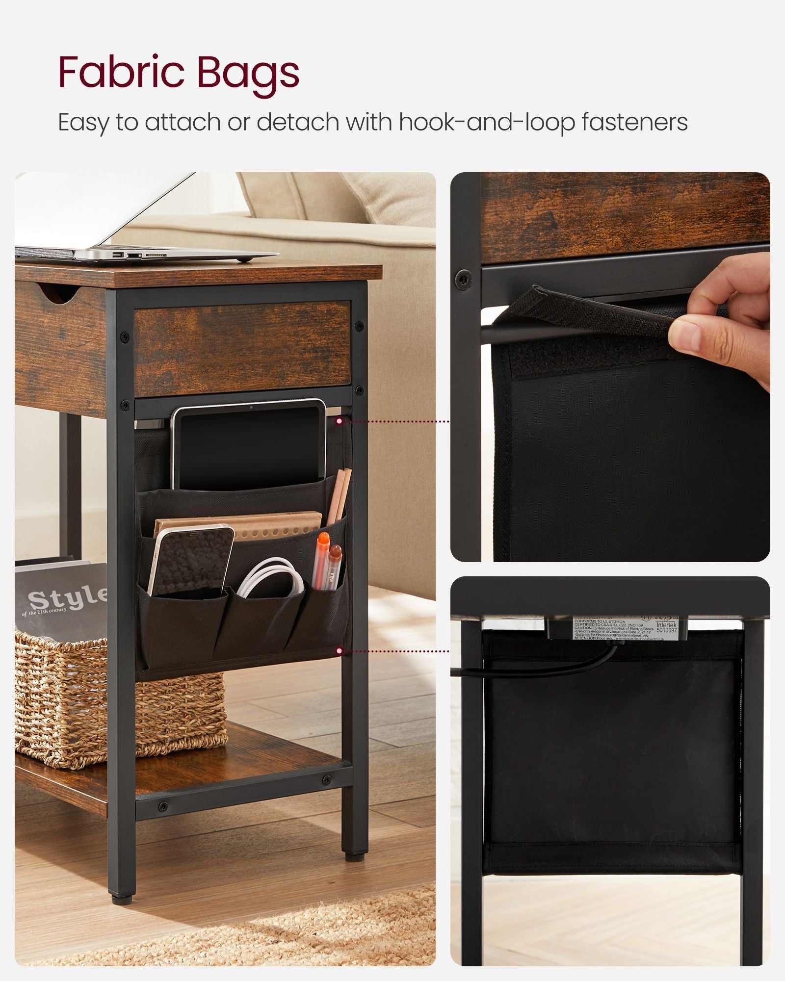 Slim Side Table - Wood - Rustic Brown and Black - Features Charging Station with USB Ports and Storage Bags