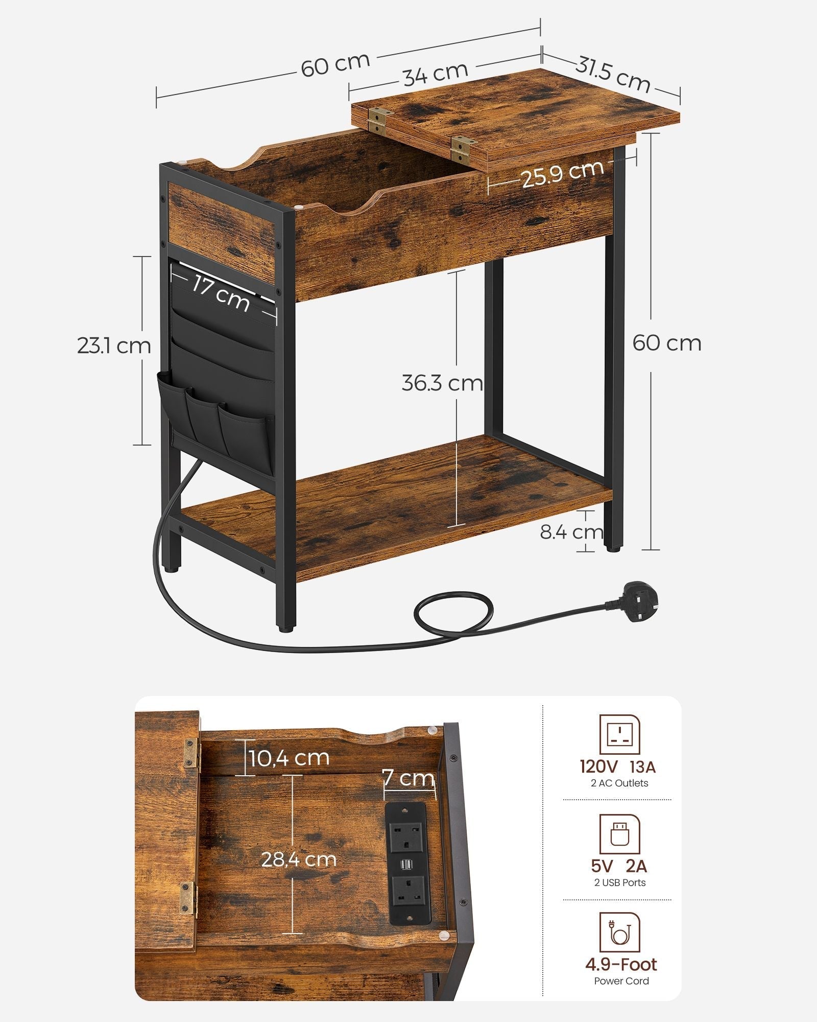 Slim Side Table - Wood - Rustic Brown and Black - Features Charging Station with USB Ports and Storage Bags
